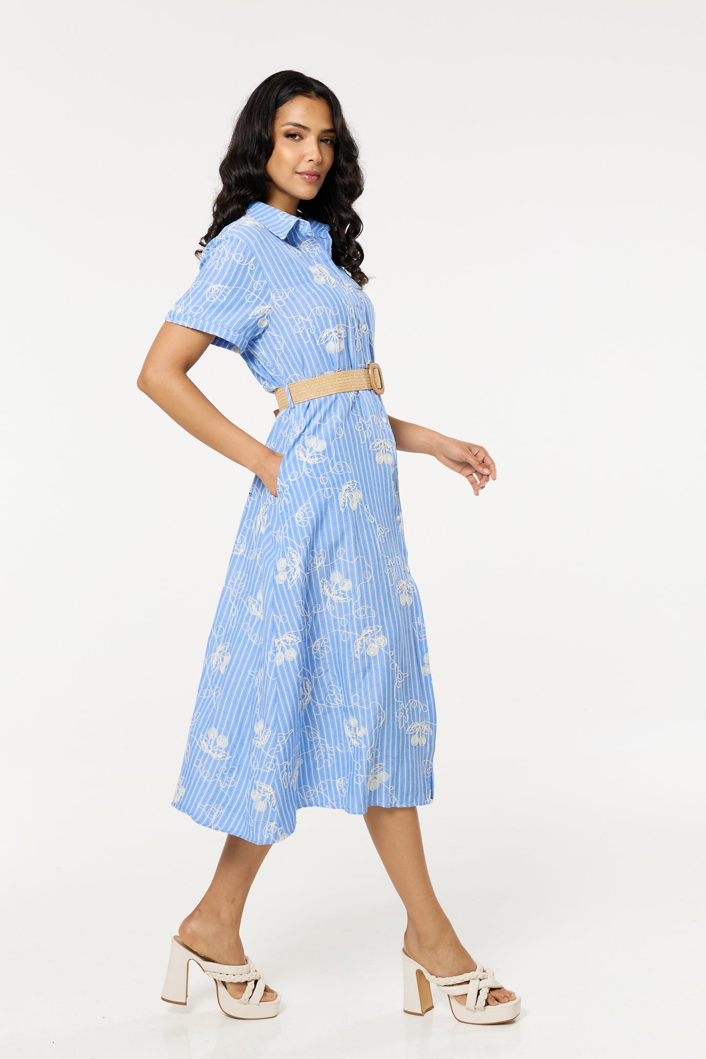 
                  
                    Blue Belted Embroidered Midi Dress
                  
                