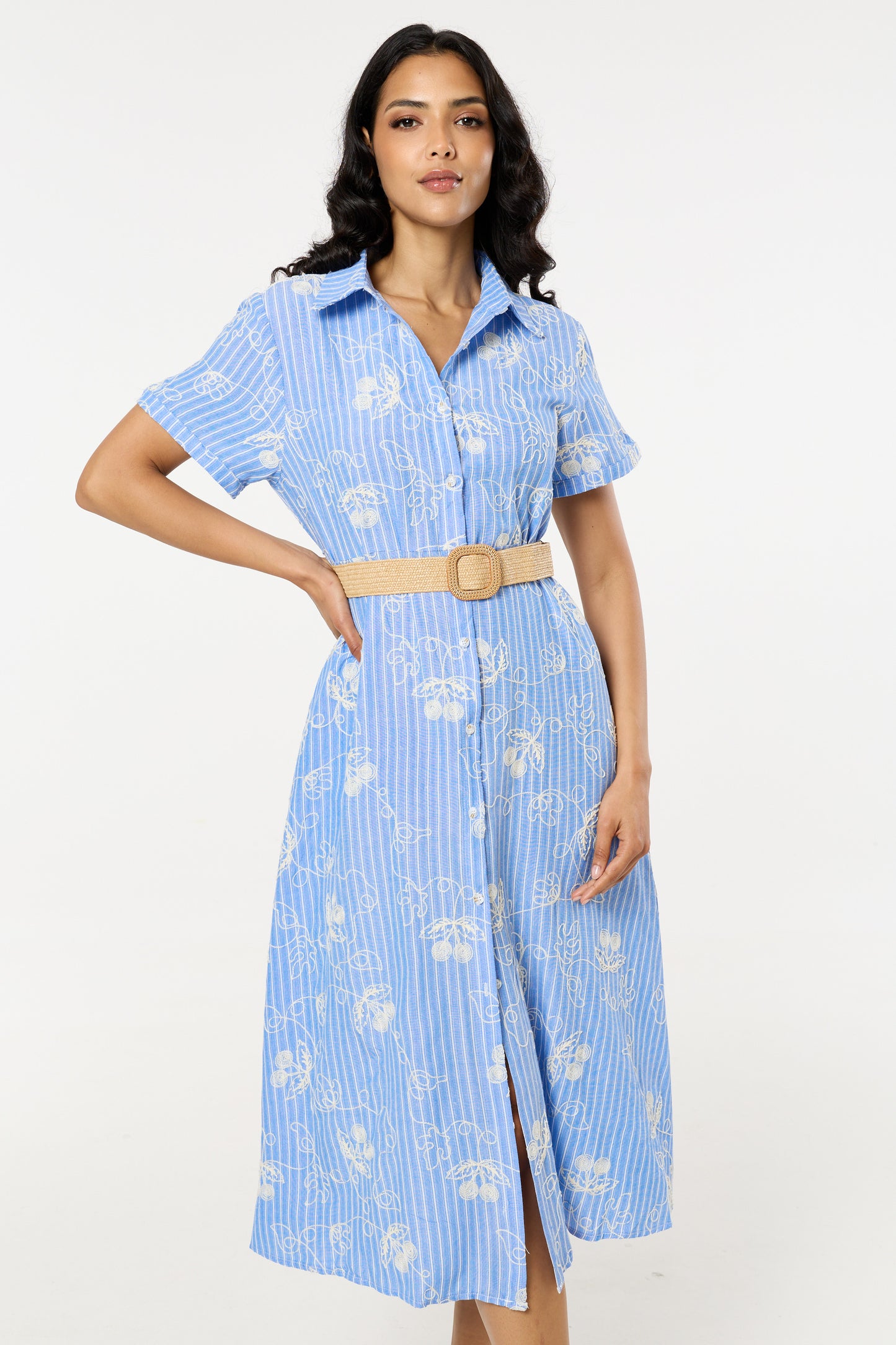 
                  
                    Blue Belted Embroidered Midi Dress
                  
                