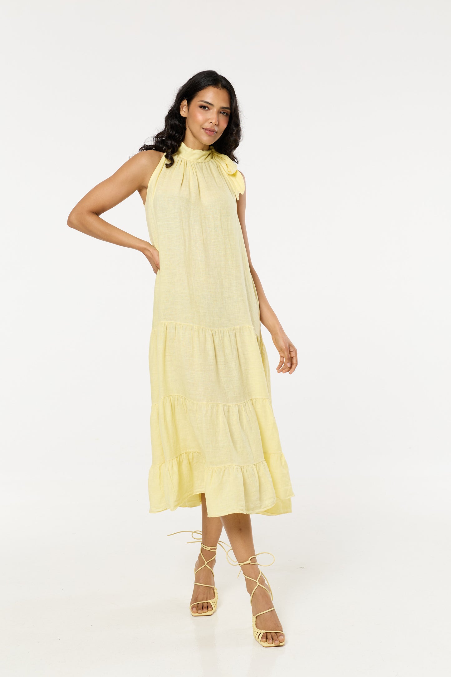 
                  
                    Yellow Linen Halter Neck Tiered Midi Dress
                  
                