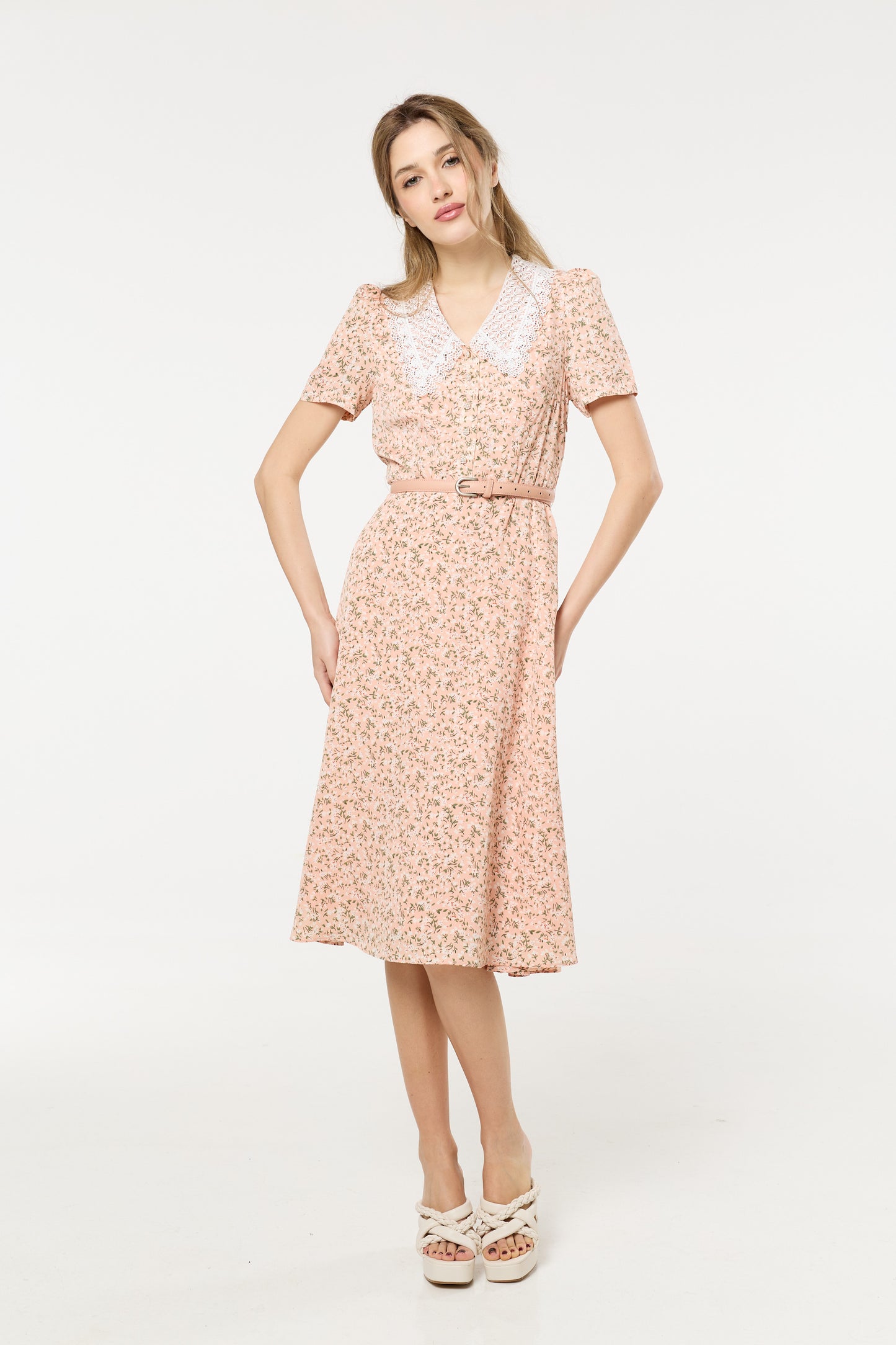 
                  
                    Pink Floral Lace Collar Midi Dress
                  
                