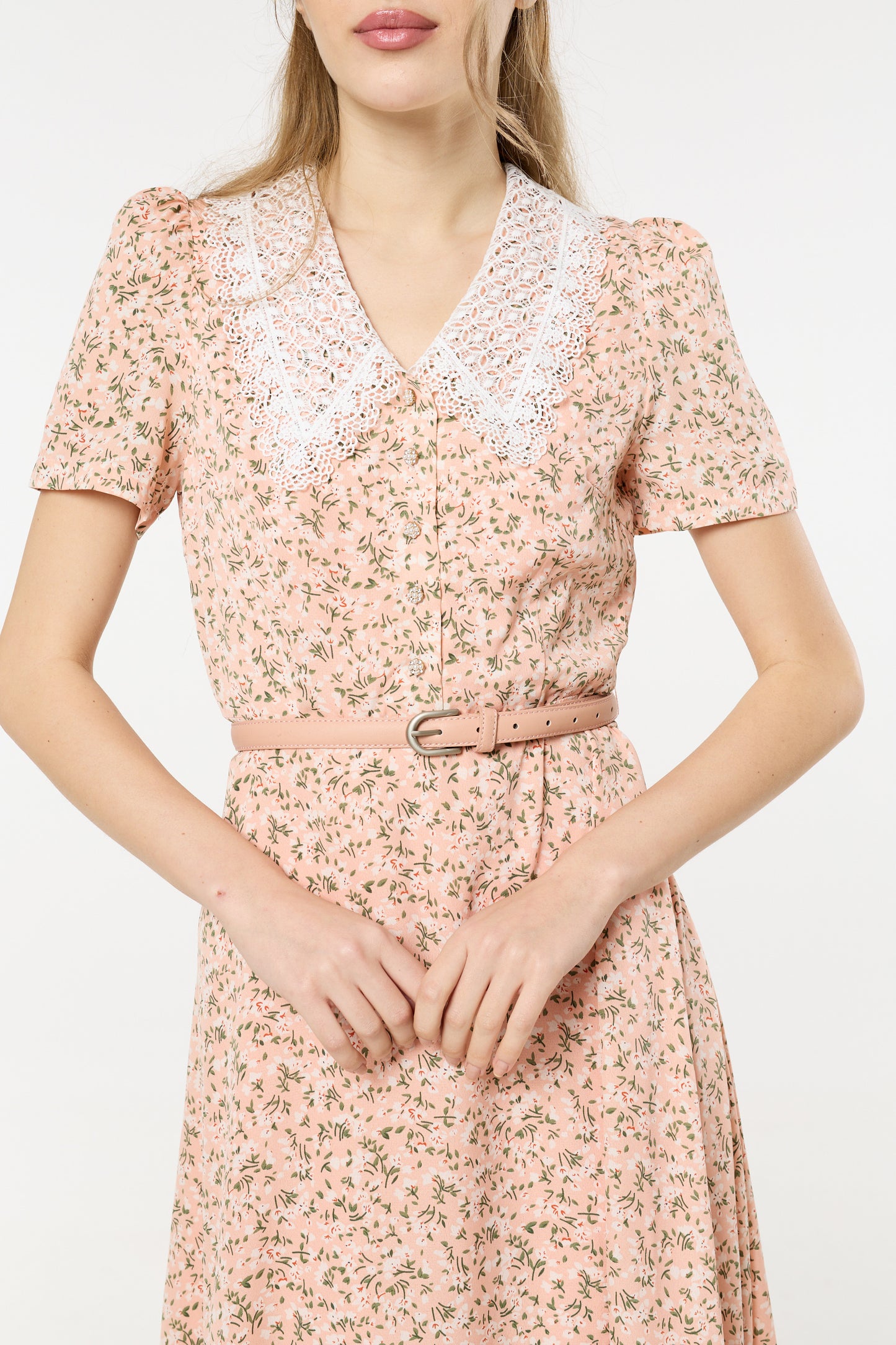 
                  
                    Pink Floral Lace Collar Midi Dress
                  
                