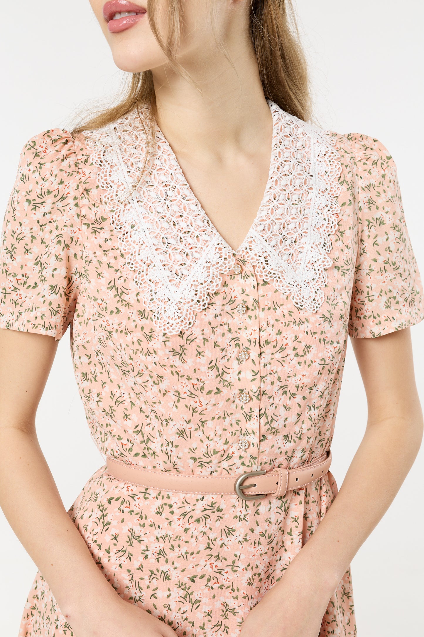 
                  
                    Pink Floral Lace Collar Midi Dress
                  
                