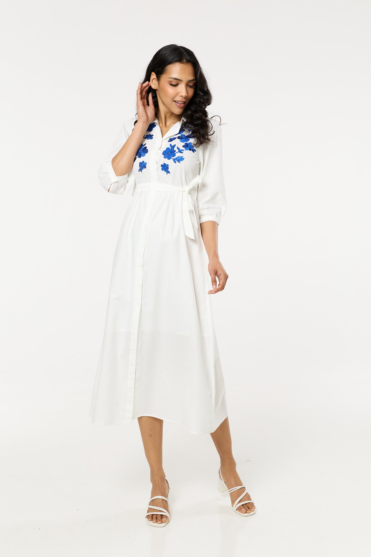 
                  
                    White Midi Dress Blue Floral Embroidery
                  
                