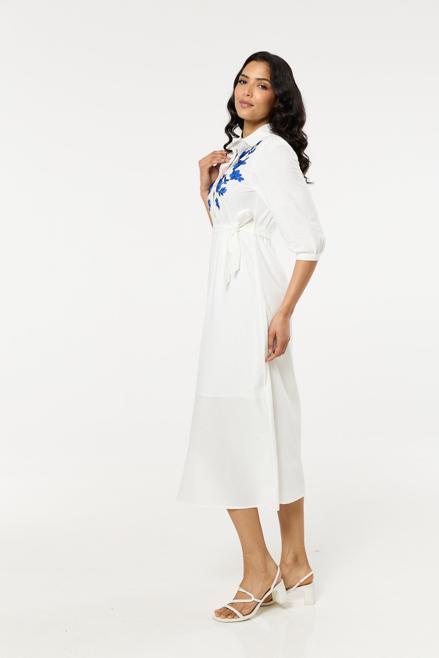 
                  
                    White Midi Dress Blue Floral Embroidery
                  
                