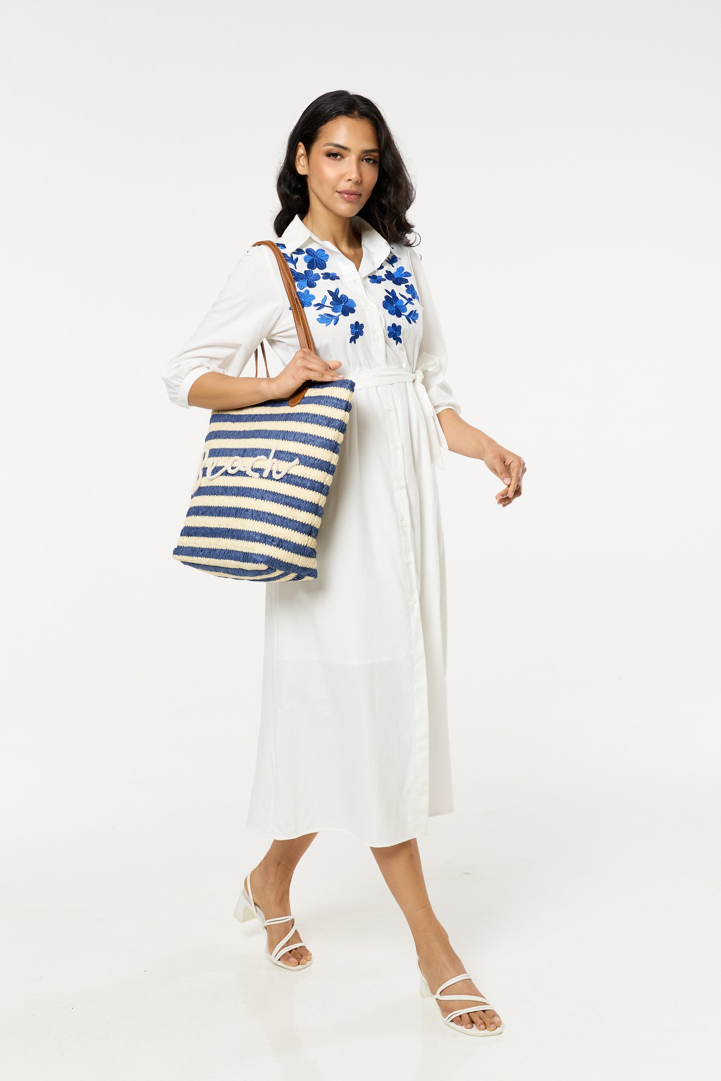 
                  
                    White Midi Dress Blue Floral Embroidery
                  
                