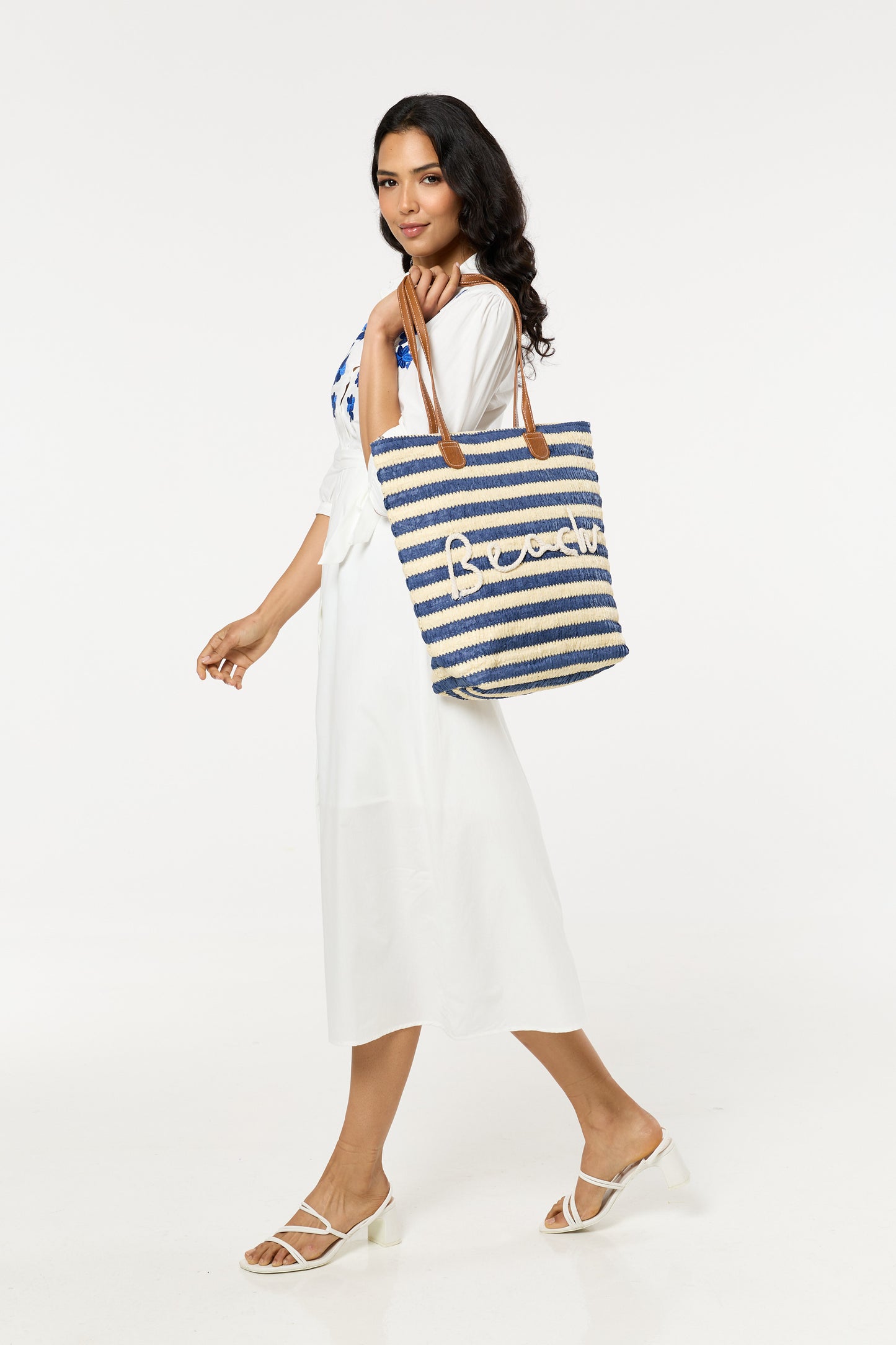 
                  
                    White Midi Dress Blue Floral Embroidery
                  
                