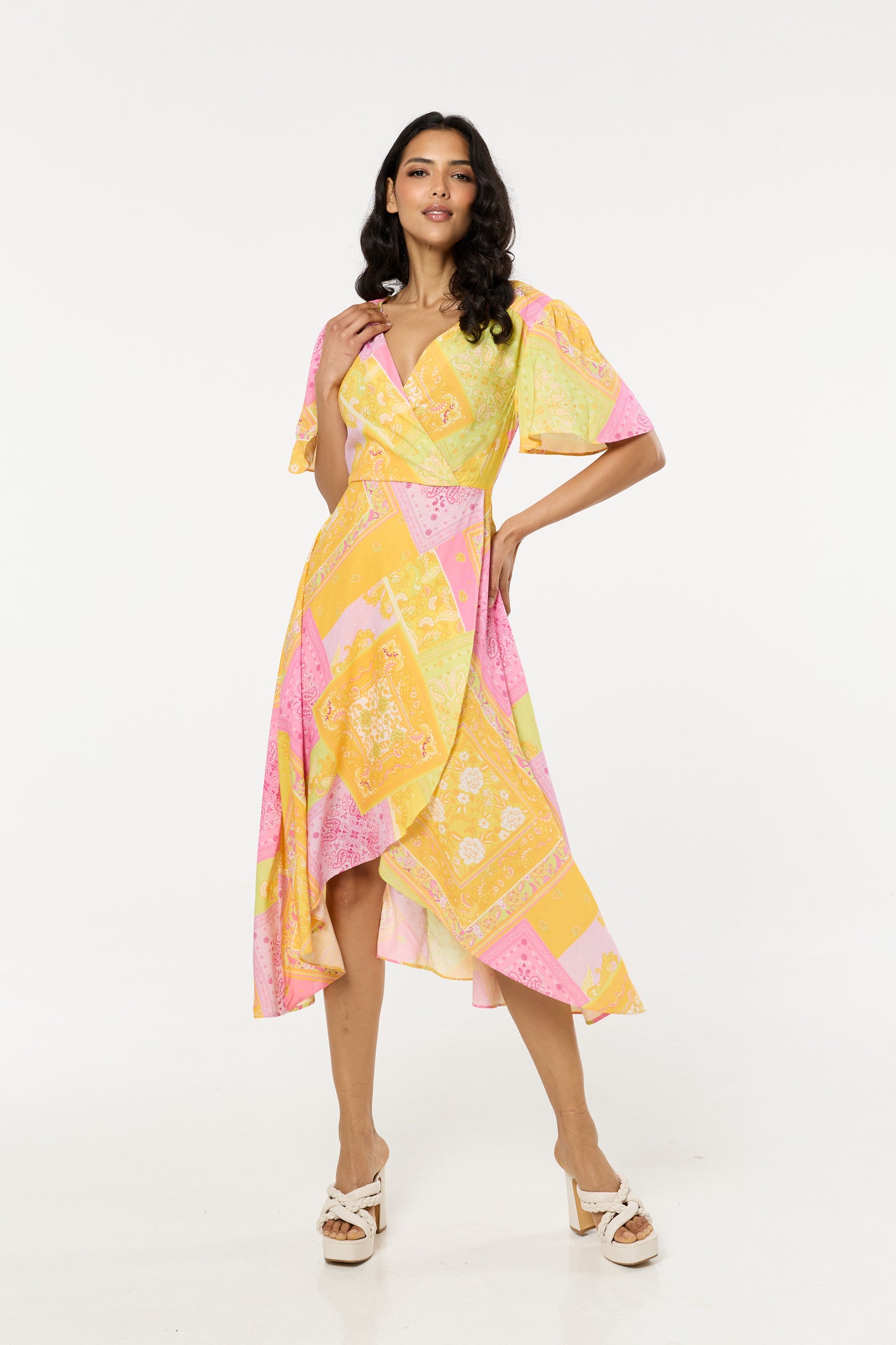 
                  
                    Yellow Pink Paisley Print Wrap Midi Dress
                  
                