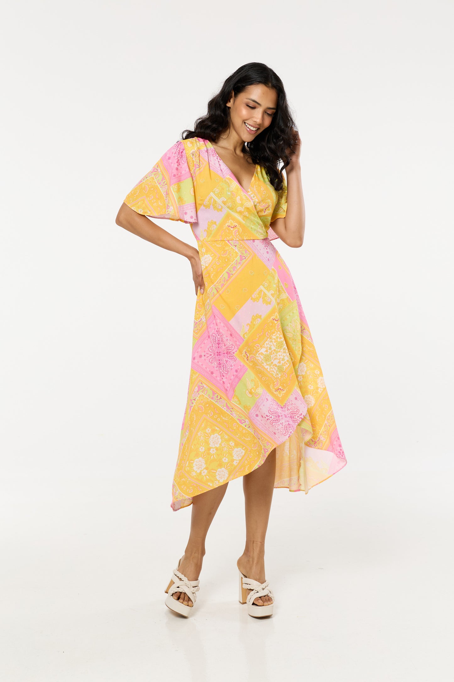 
                  
                    Yellow Pink Paisley Print Wrap Midi Dress
                  
                