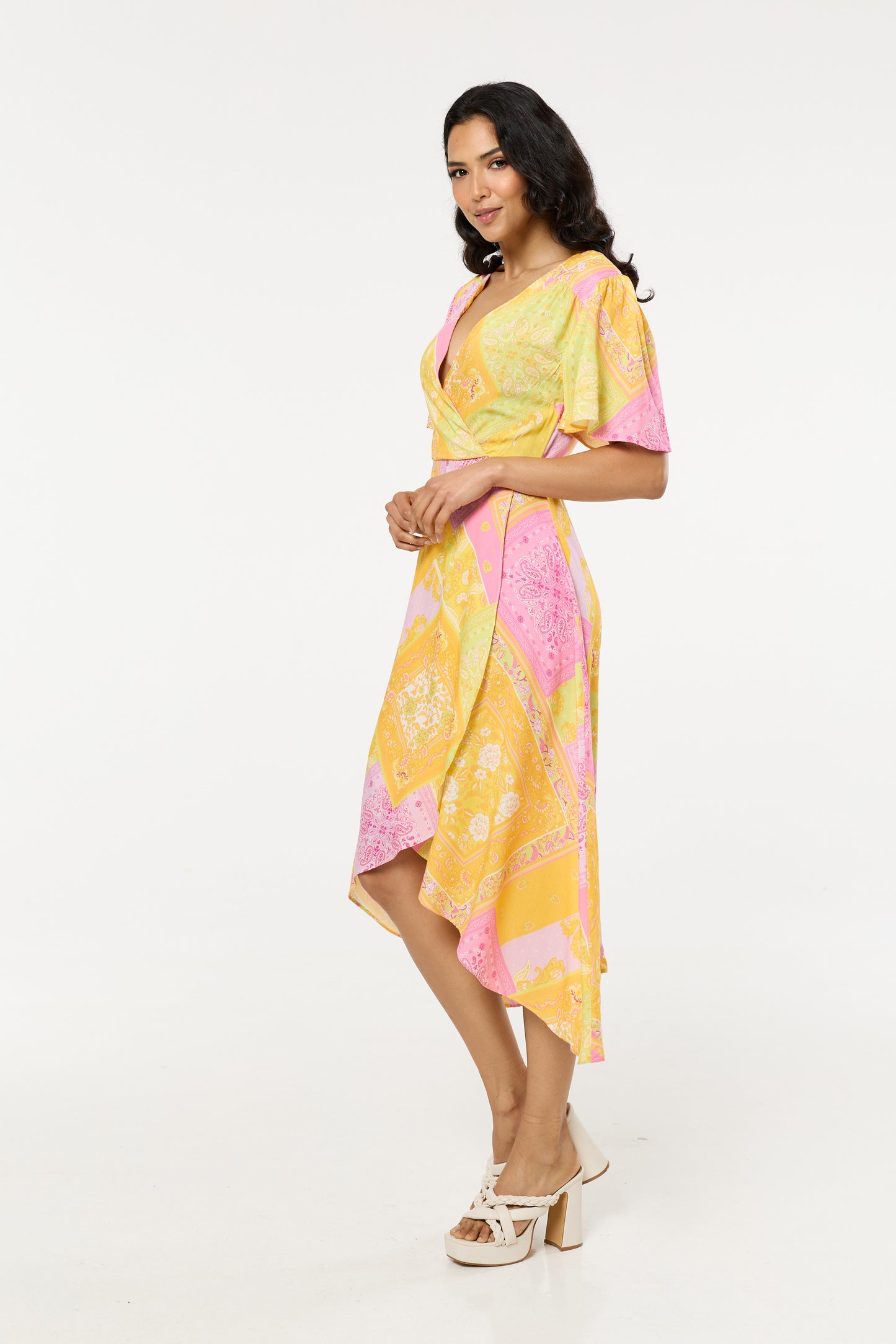 
                  
                    Yellow Pink Paisley Print Wrap Midi Dress
                  
                