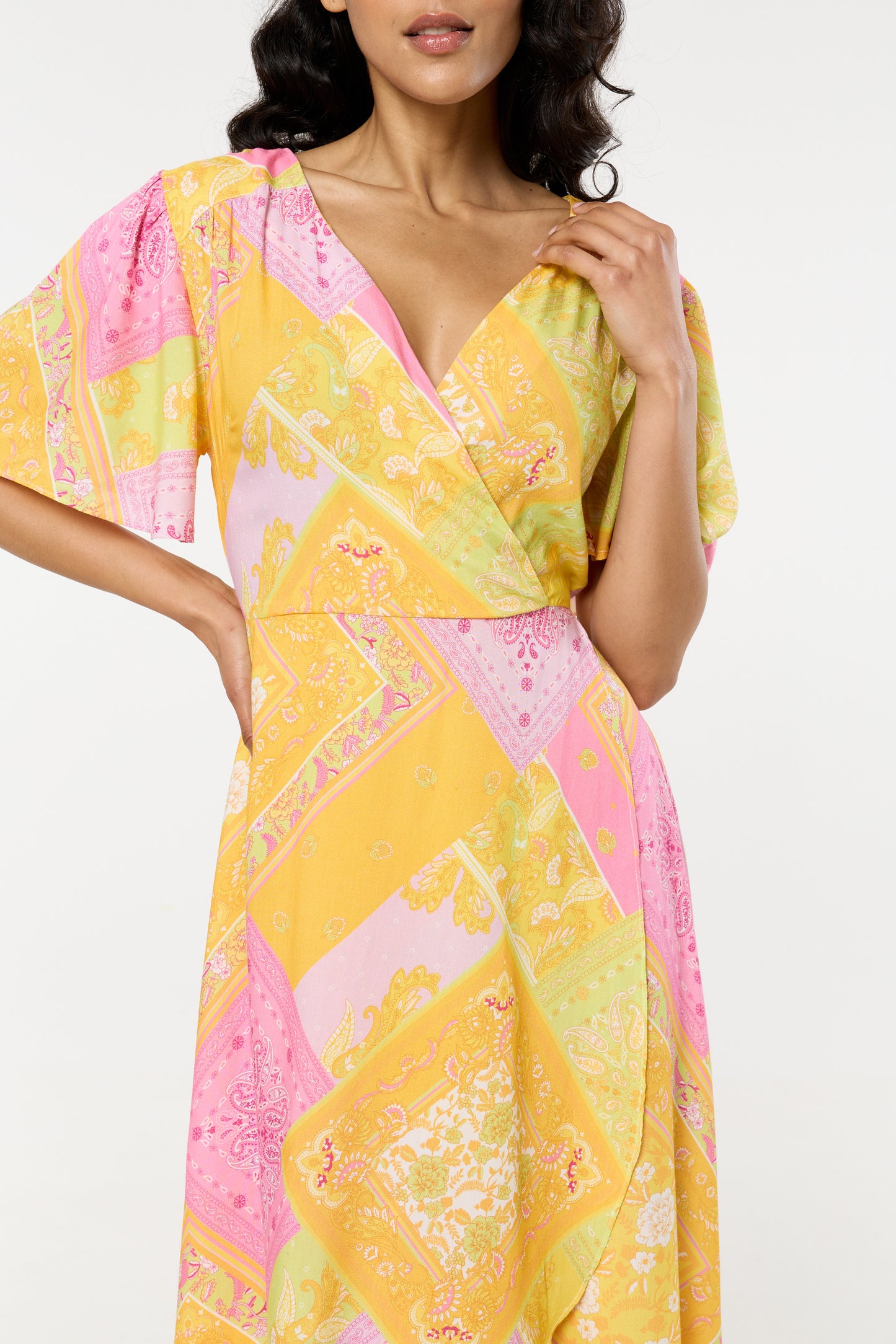 
                  
                    Yellow Pink Paisley Print Wrap Midi Dress
                  
                