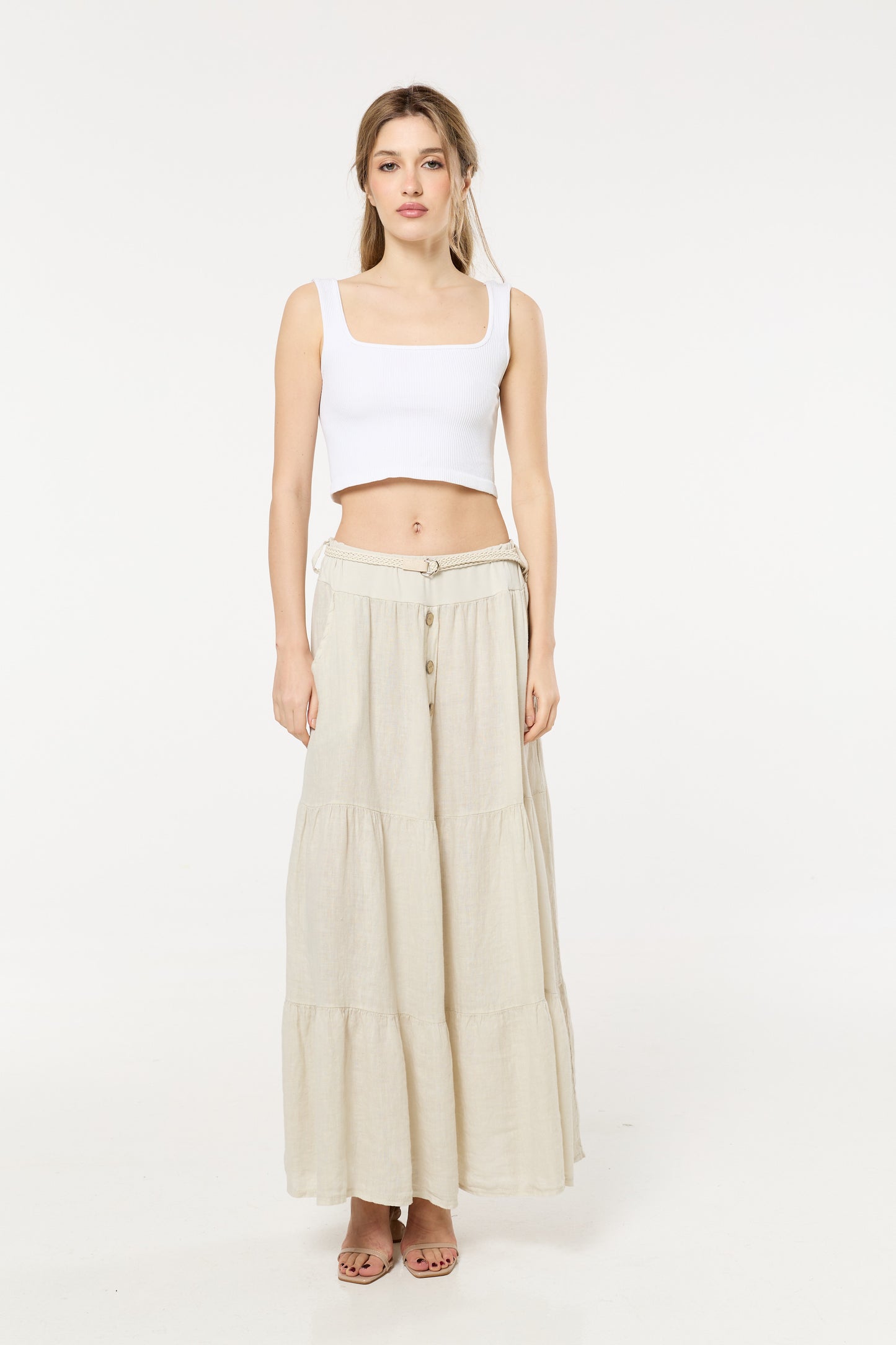 
                  
                    Cream Linen Tiered Maxi Skirt With Belt
                  
                