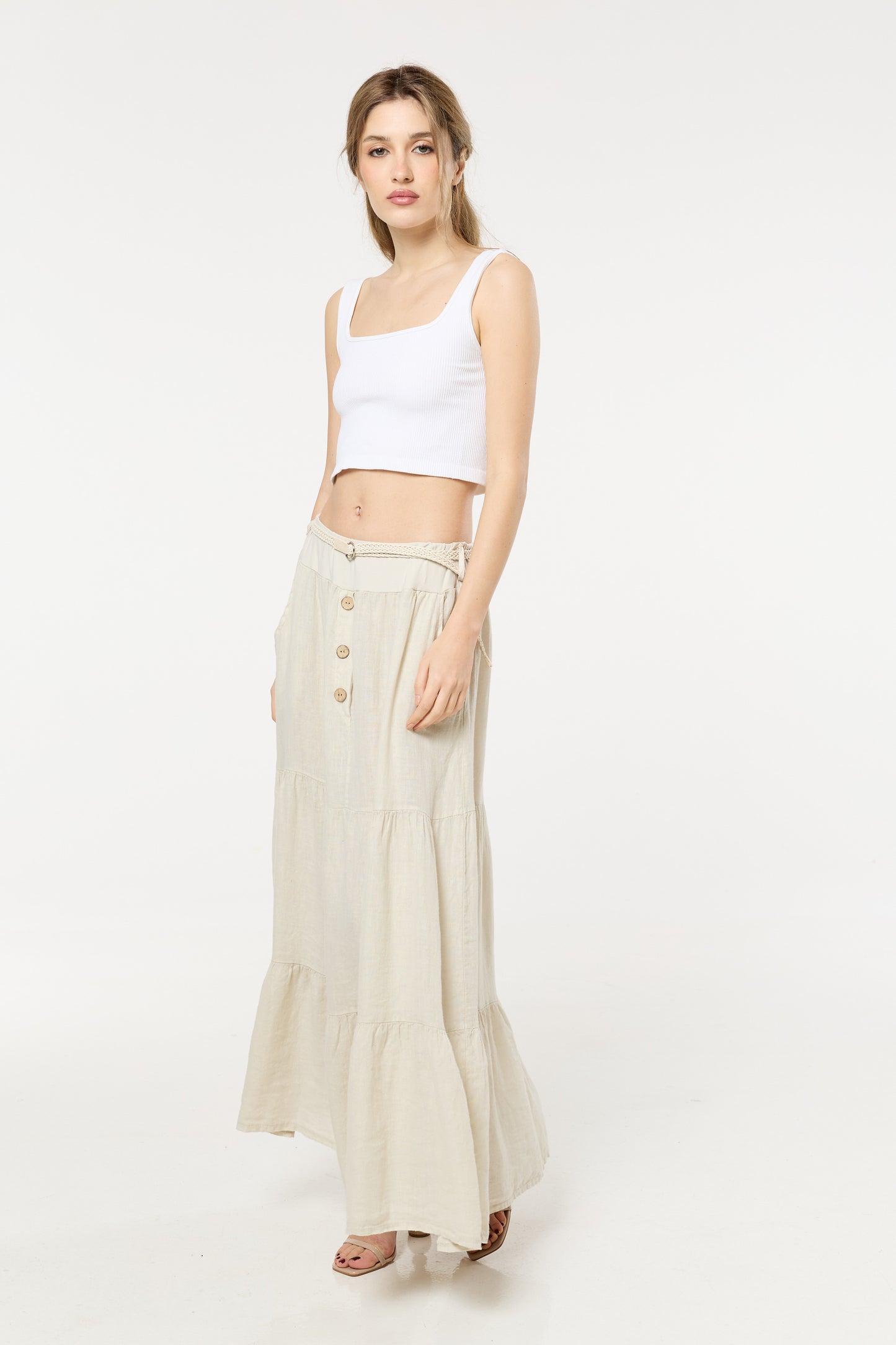 
                  
                    Cream Linen Tiered Maxi Skirt With Belt
                  
                