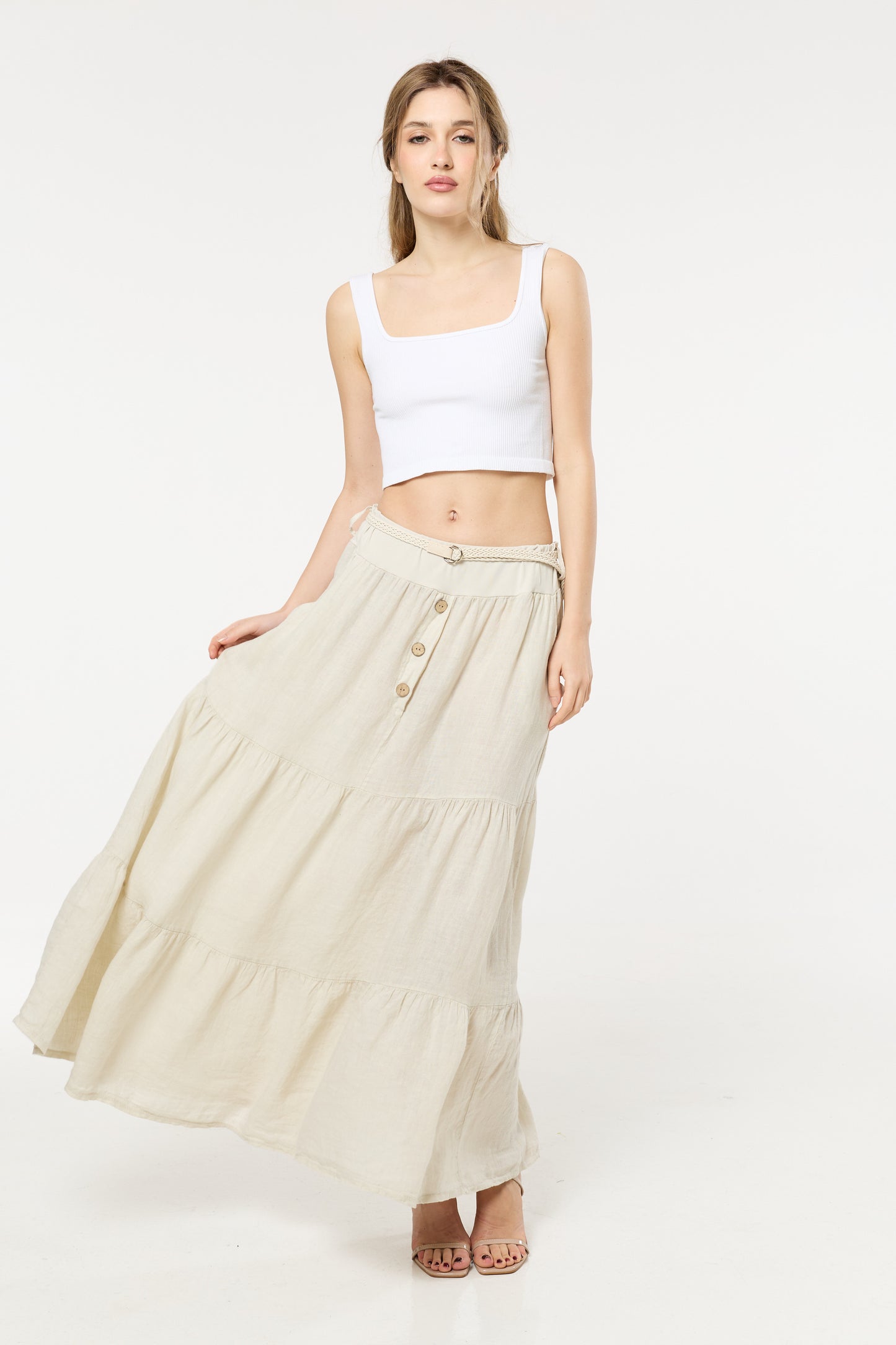 
                  
                    Cream Linen Tiered Maxi Skirt With Belt
                  
                