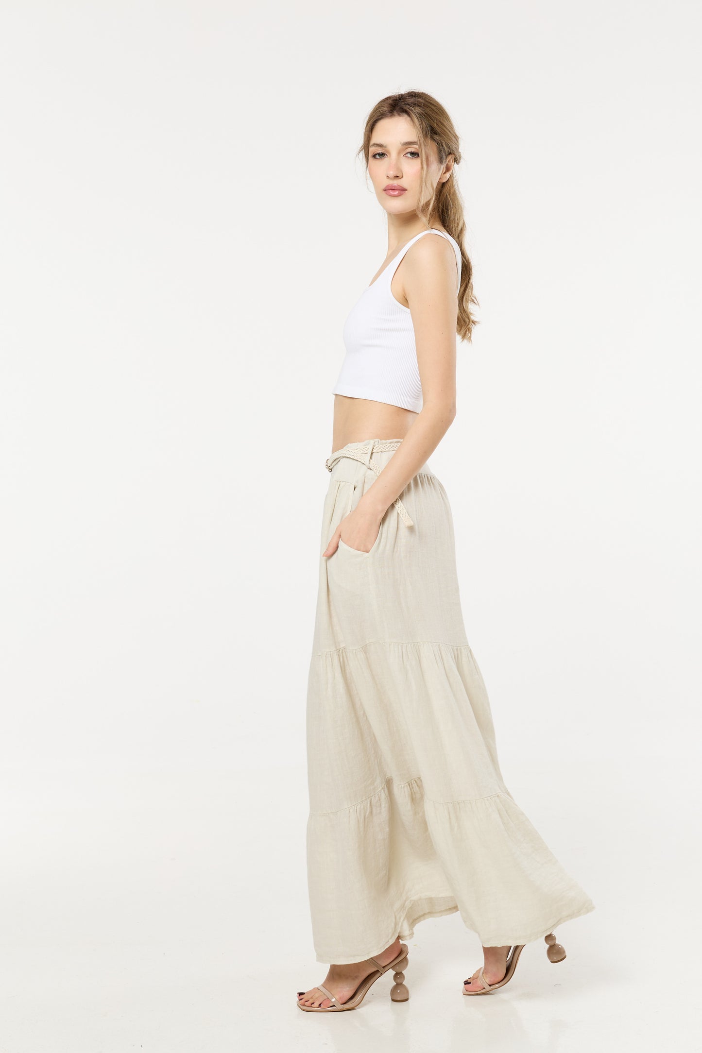 
                  
                    Cream Linen Tiered Maxi Skirt With Belt
                  
                