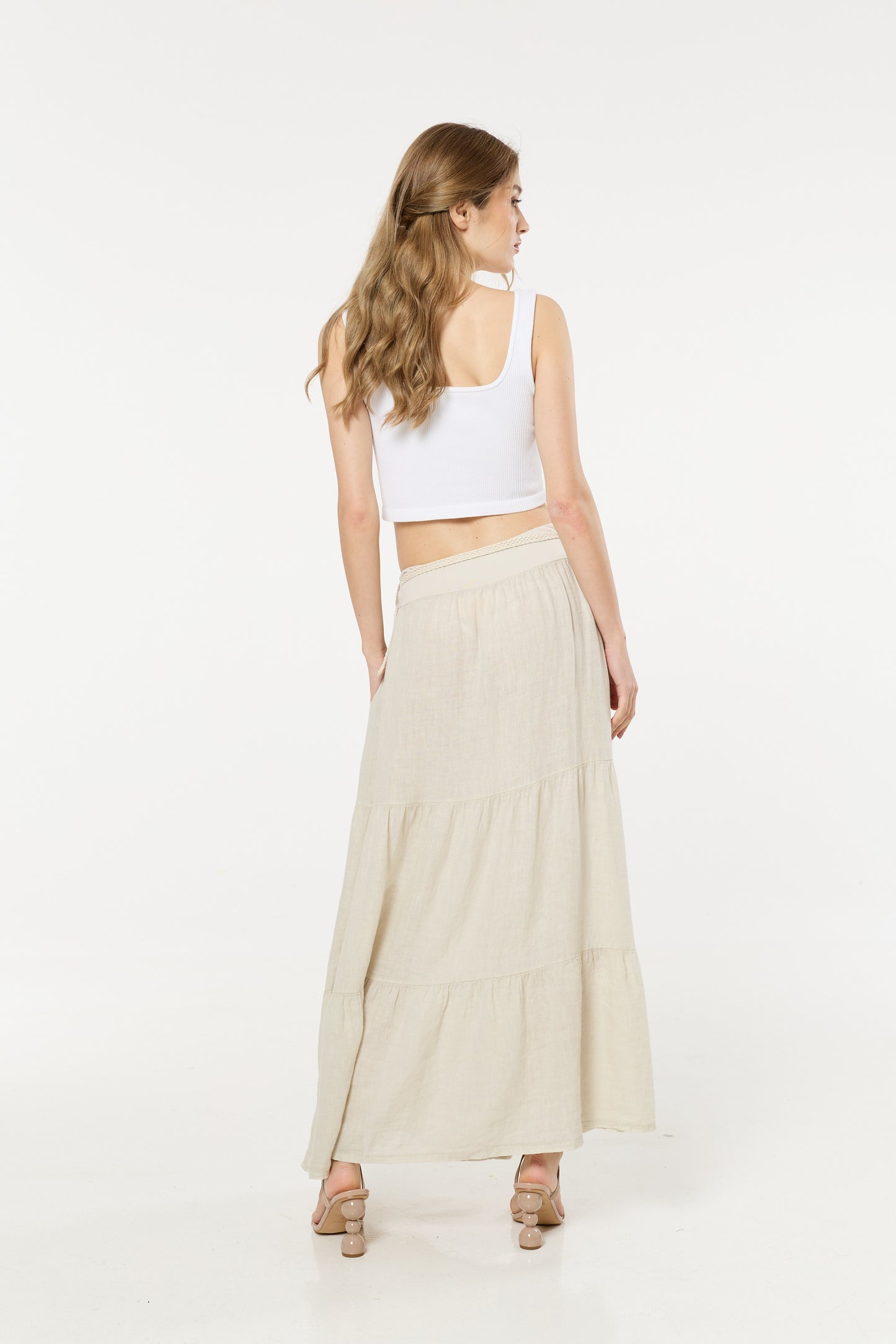 
                  
                    Cream Linen Tiered Maxi Skirt With Belt
                  
                