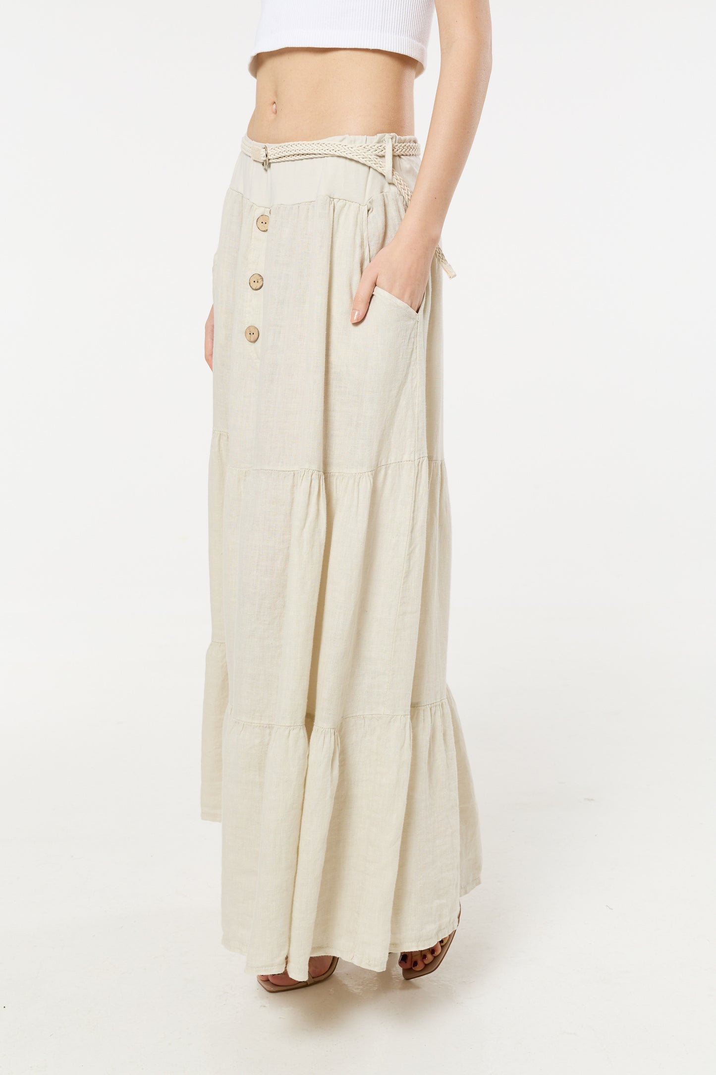 
                  
                    Cream Linen Tiered Maxi Skirt With Belt
                  
                