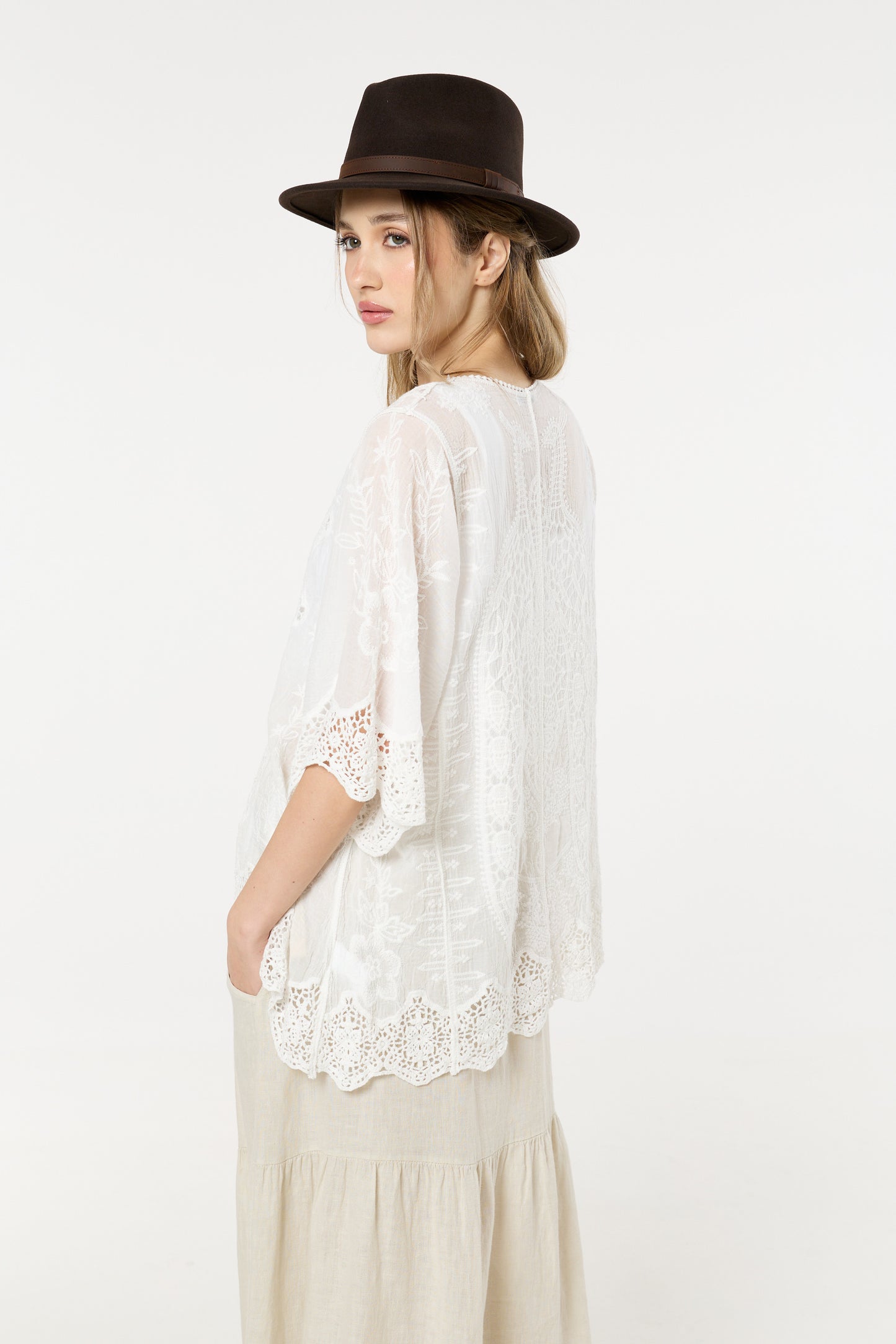 
                  
                    White Lace Tie Front Sheer Kimono Top
                  
                