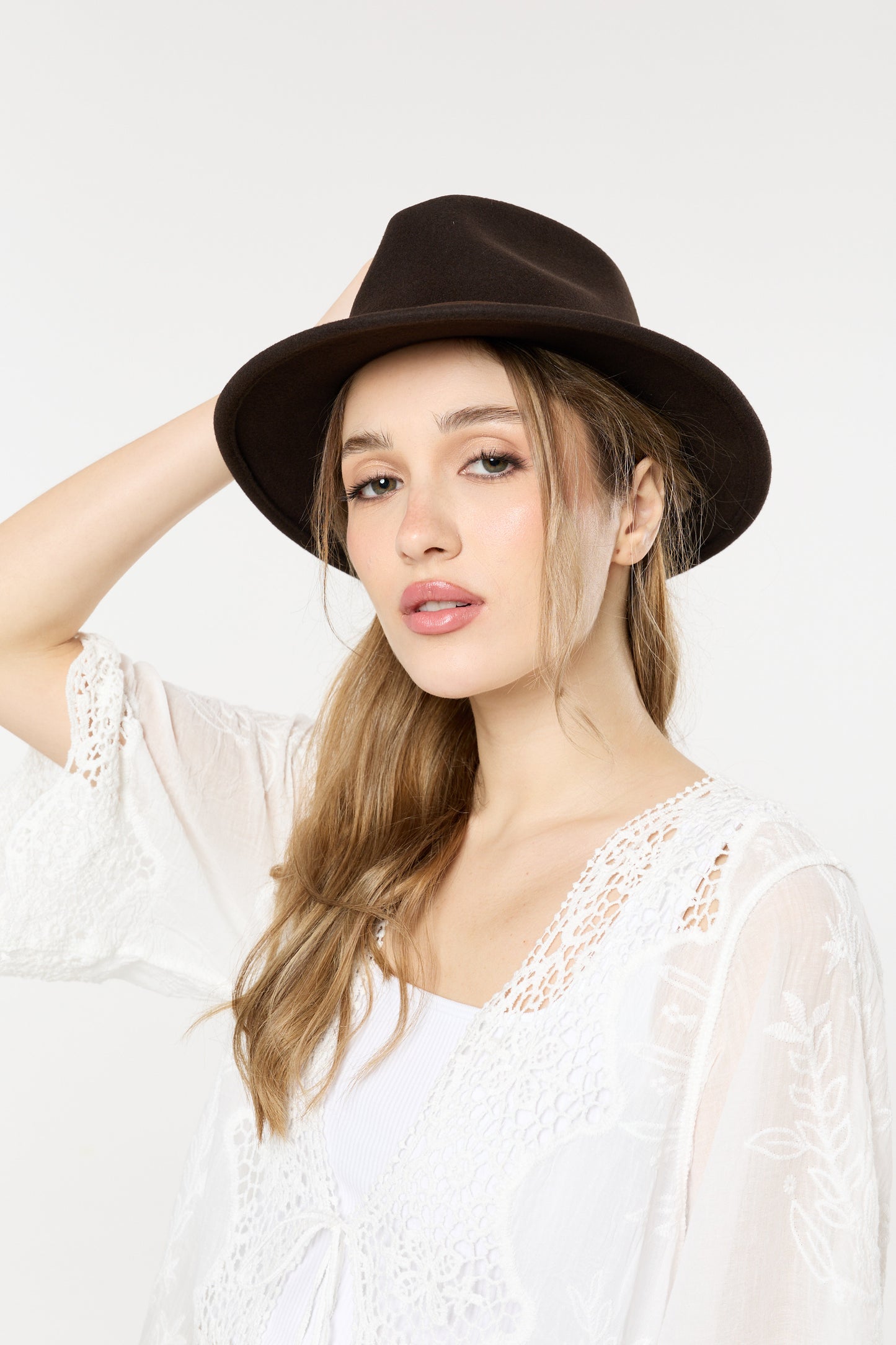 
                  
                    Brown Wool Felt Fedora Hat with Leather Band
                  
                
