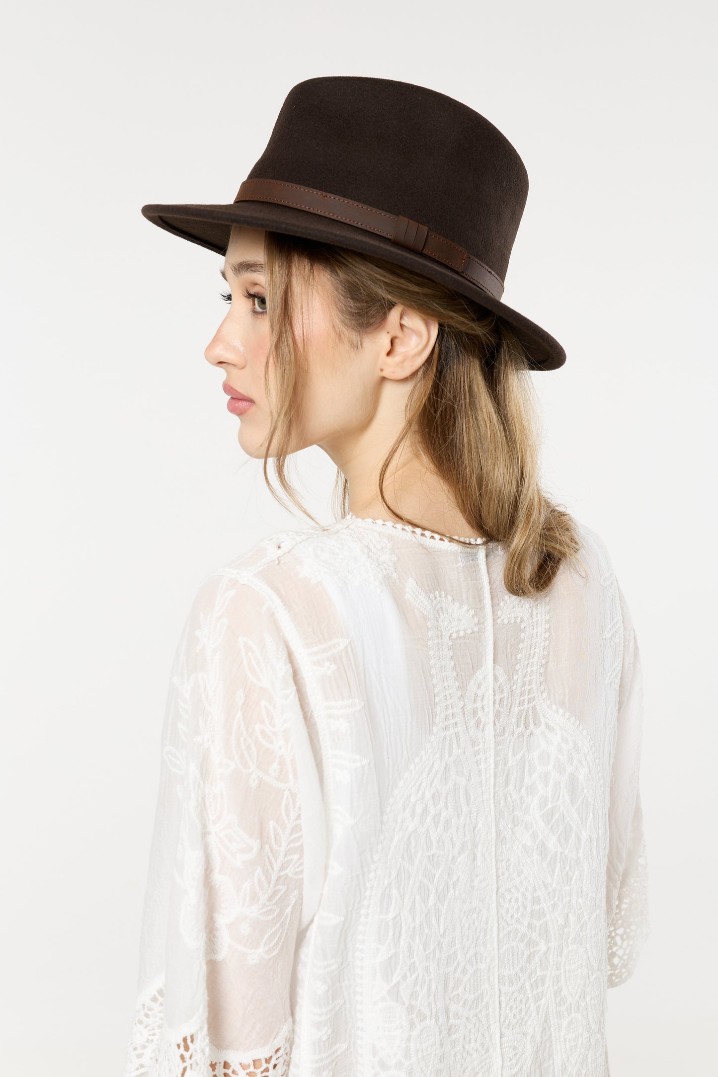 
                  
                    Brown Wool Felt Fedora Hat with Leather Band
                  
                