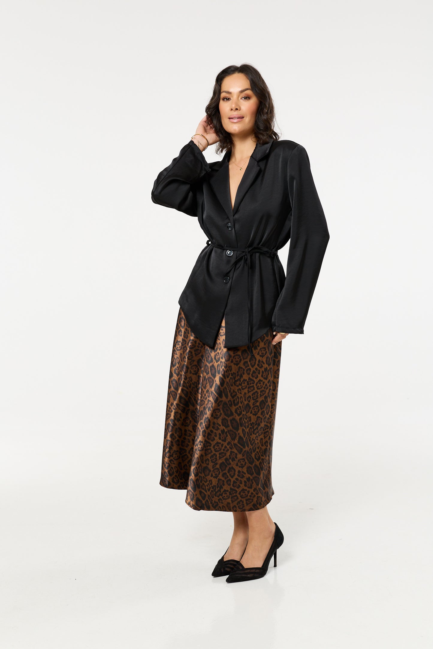 
                  
                    Black Satin Belted Button Down Blazer
                  
                