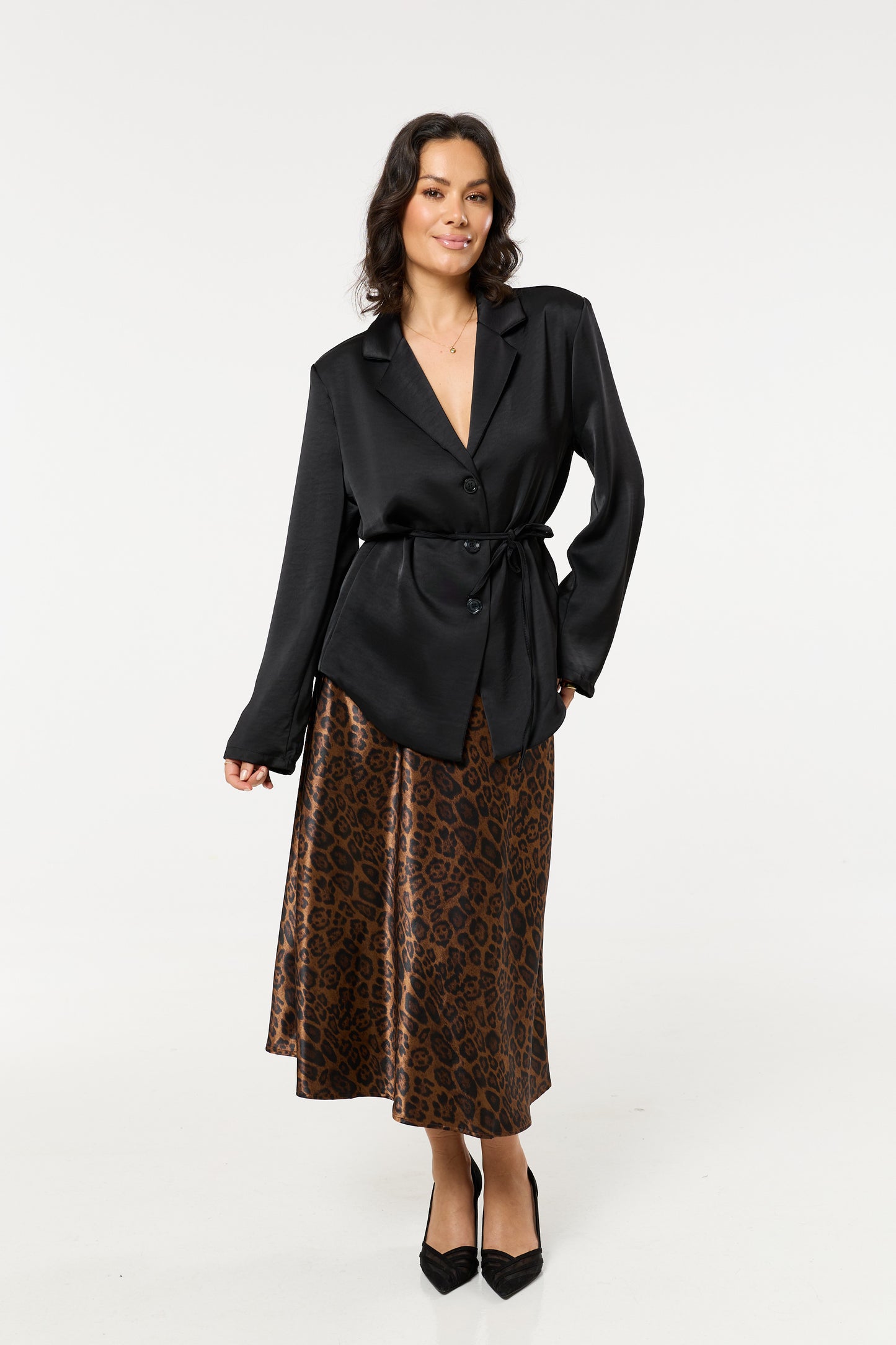 
                  
                    Black Satin Belted Button Down Blazer
                  
                