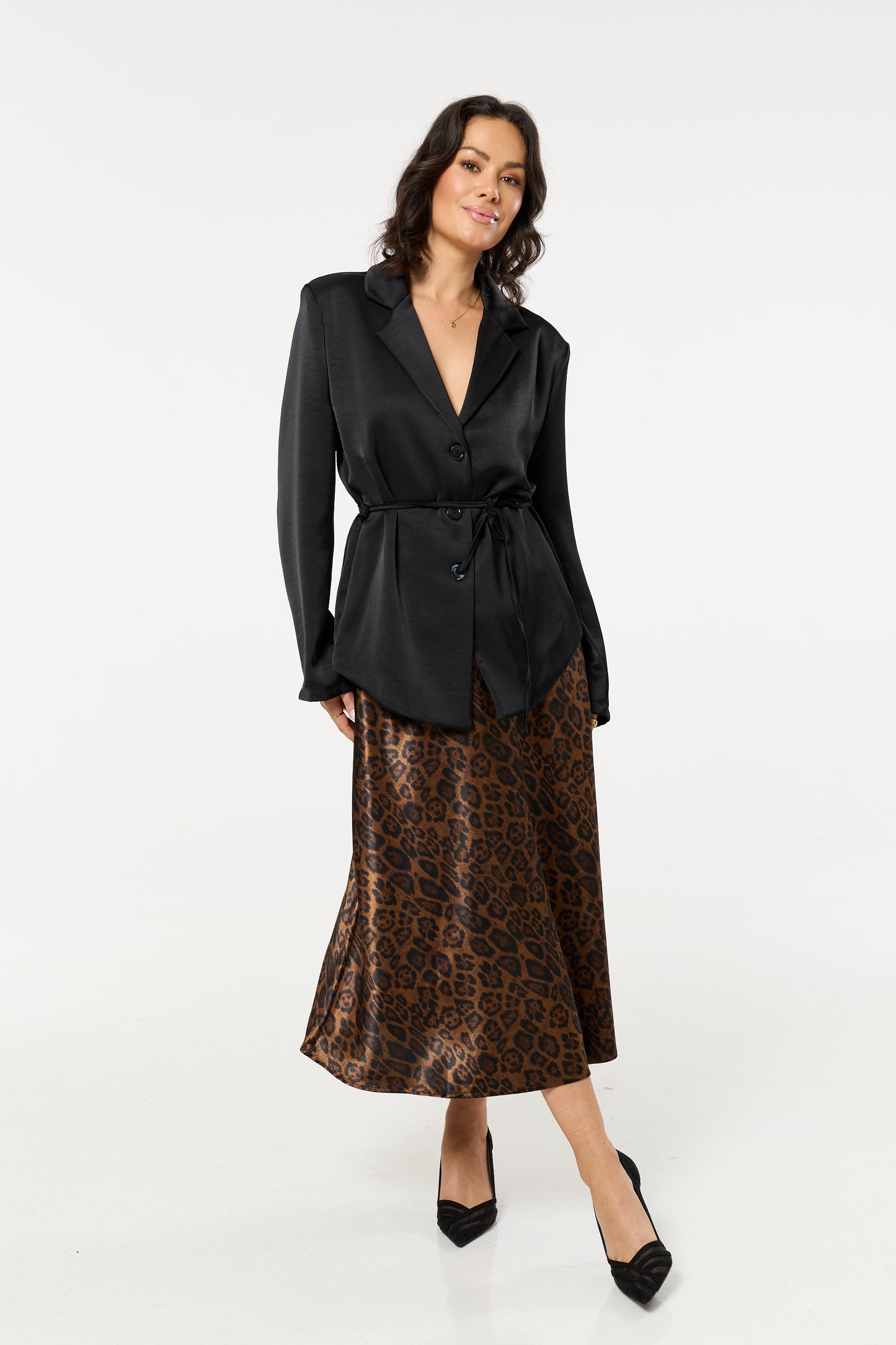 
                  
                    Black Satin Belted Button Down Blazer
                  
                
