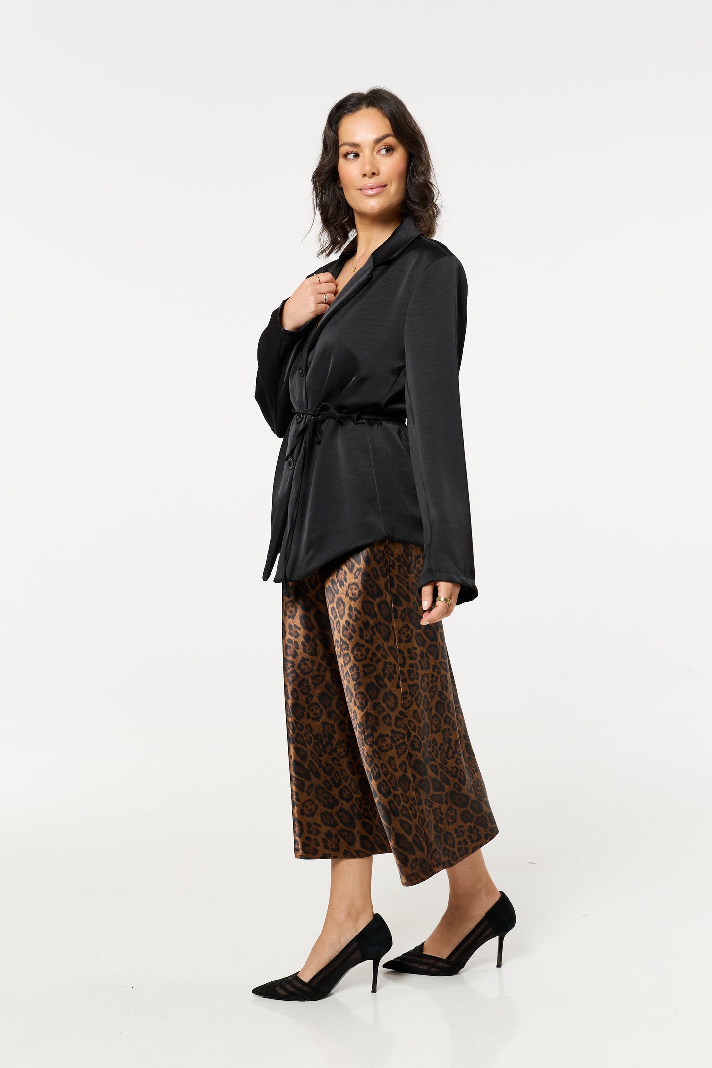 
                  
                    Black Satin Belted Button Down Blazer
                  
                