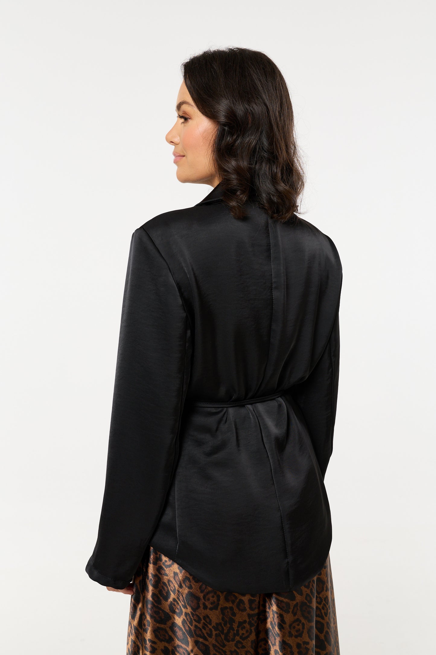 
                  
                    Black Satin Belted Button Down Blazer
                  
                