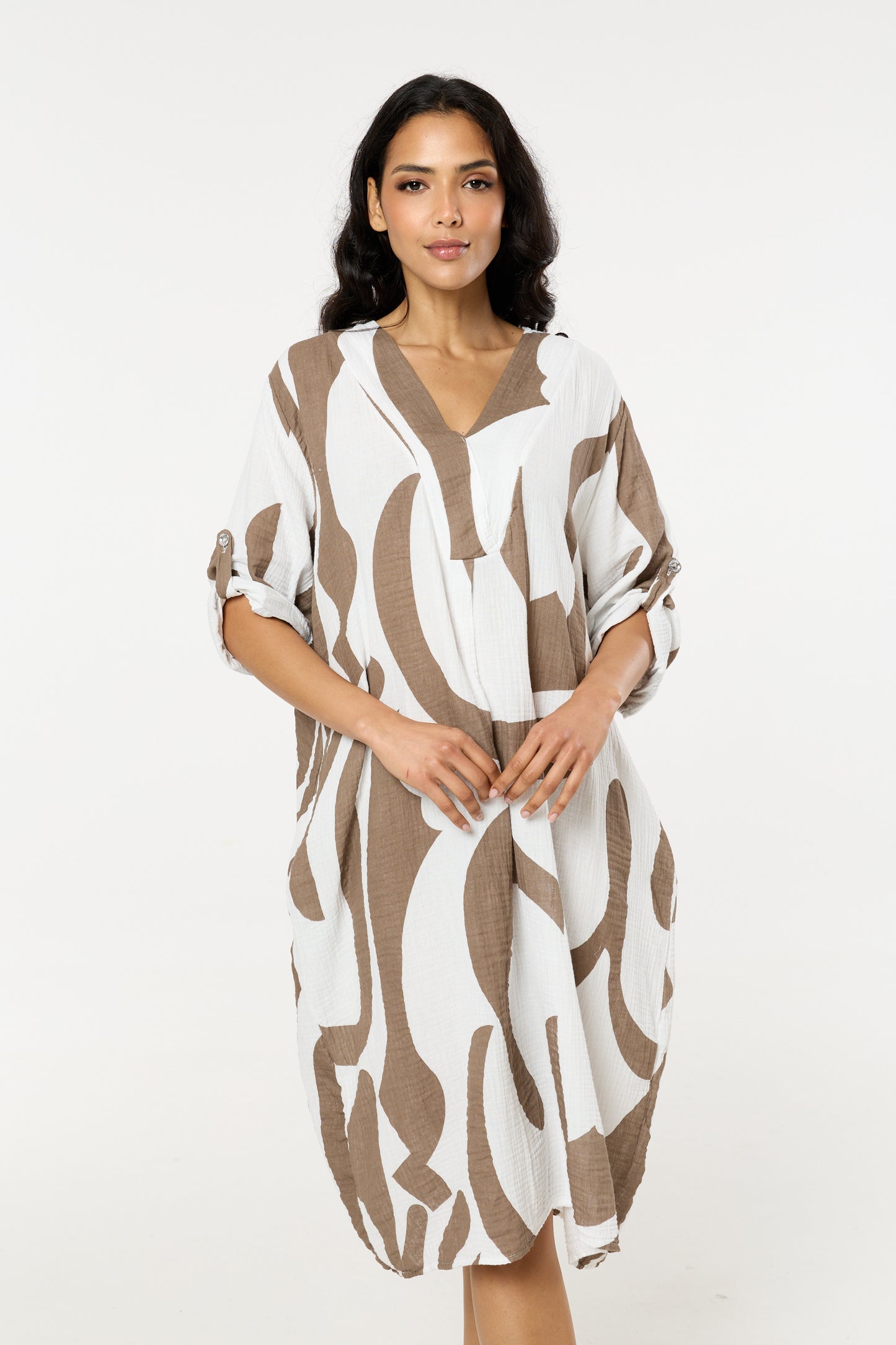 
                  
                    Neutral Abstract V Neck Midi Smock Dress
                  
                