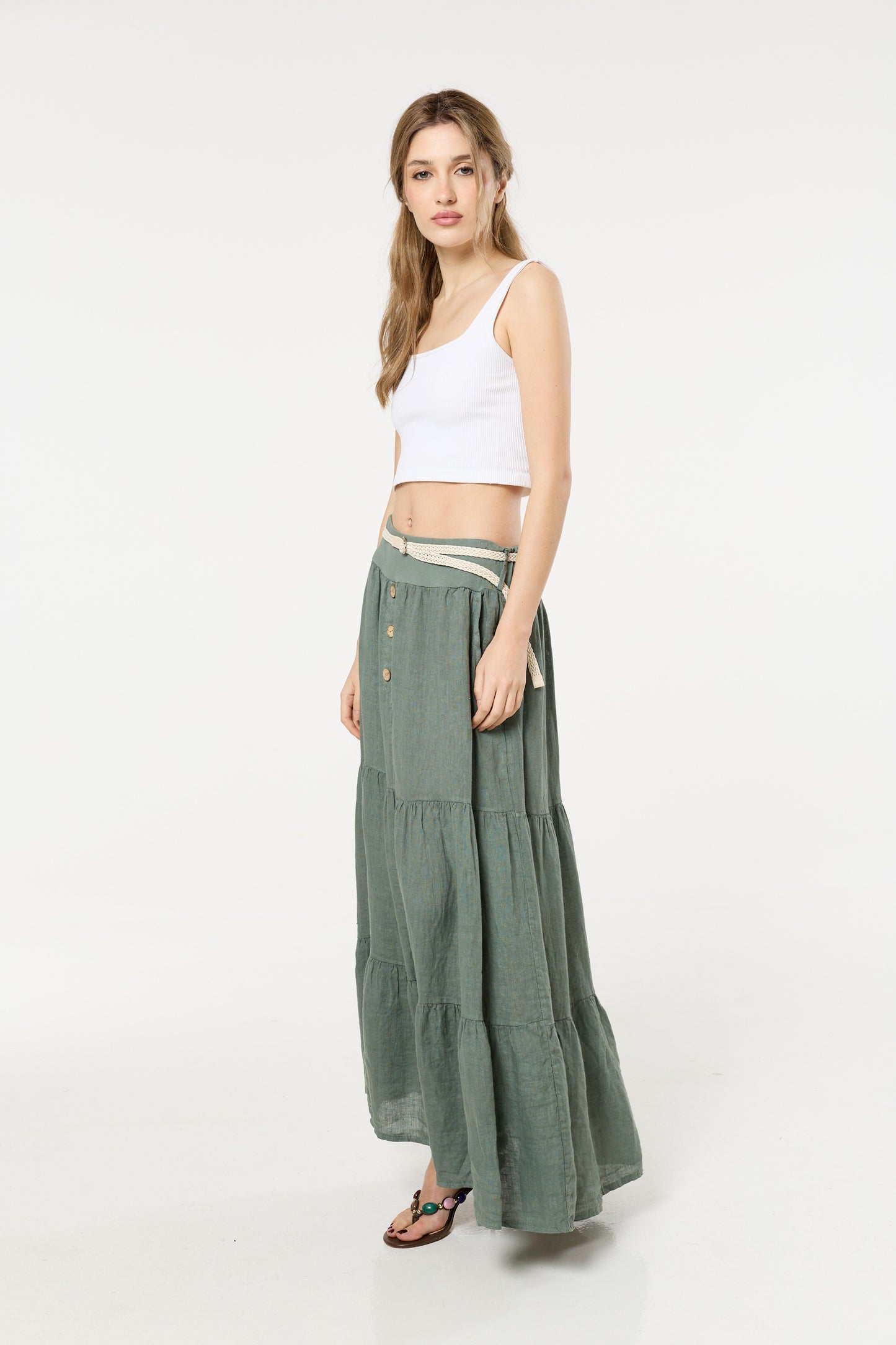 
                  
                    Green Linen Tiered Maxi Skirt With Belt
                  
                