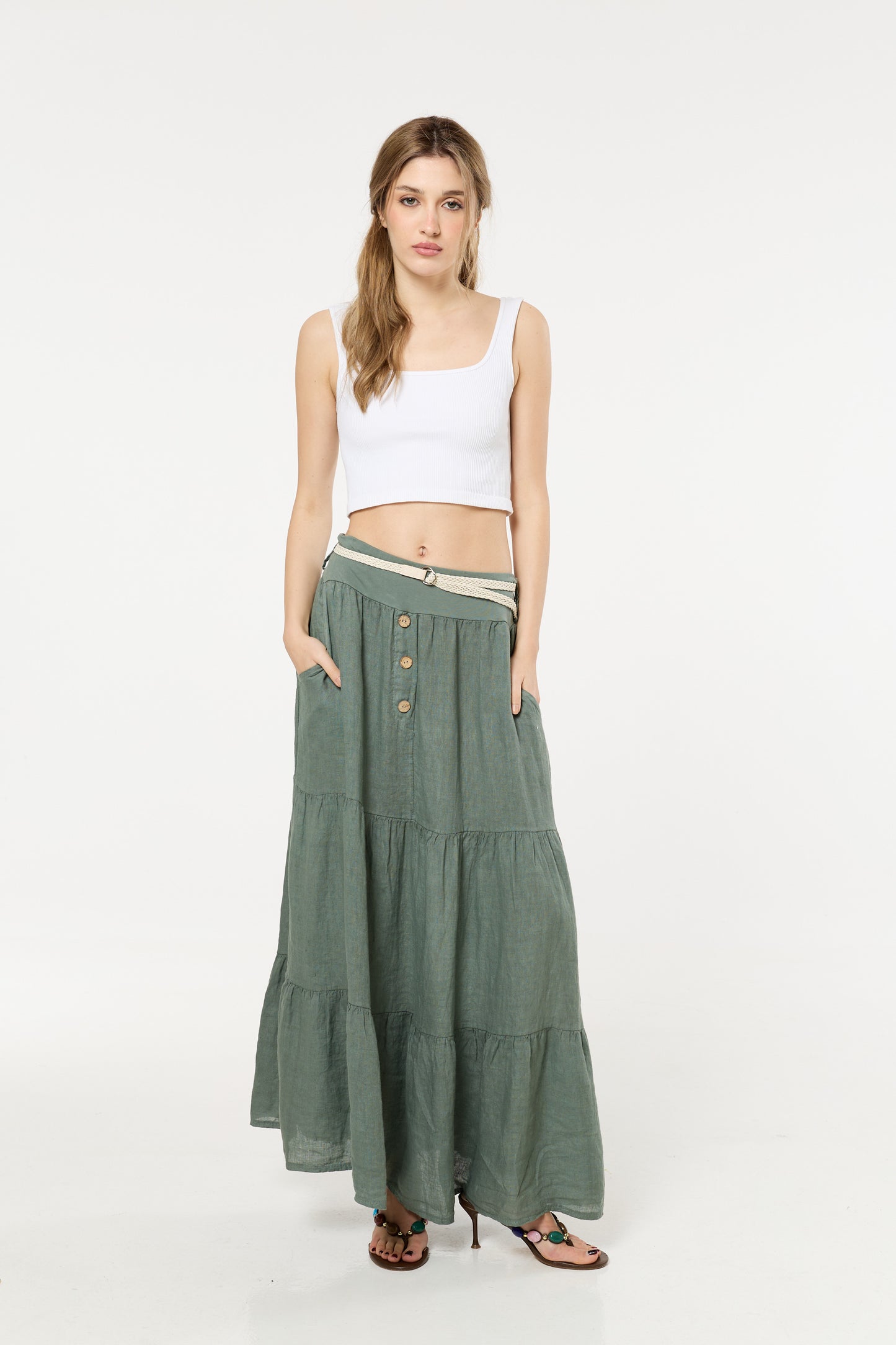 
                  
                    Green Linen Tiered Maxi Skirt With Belt
                  
                