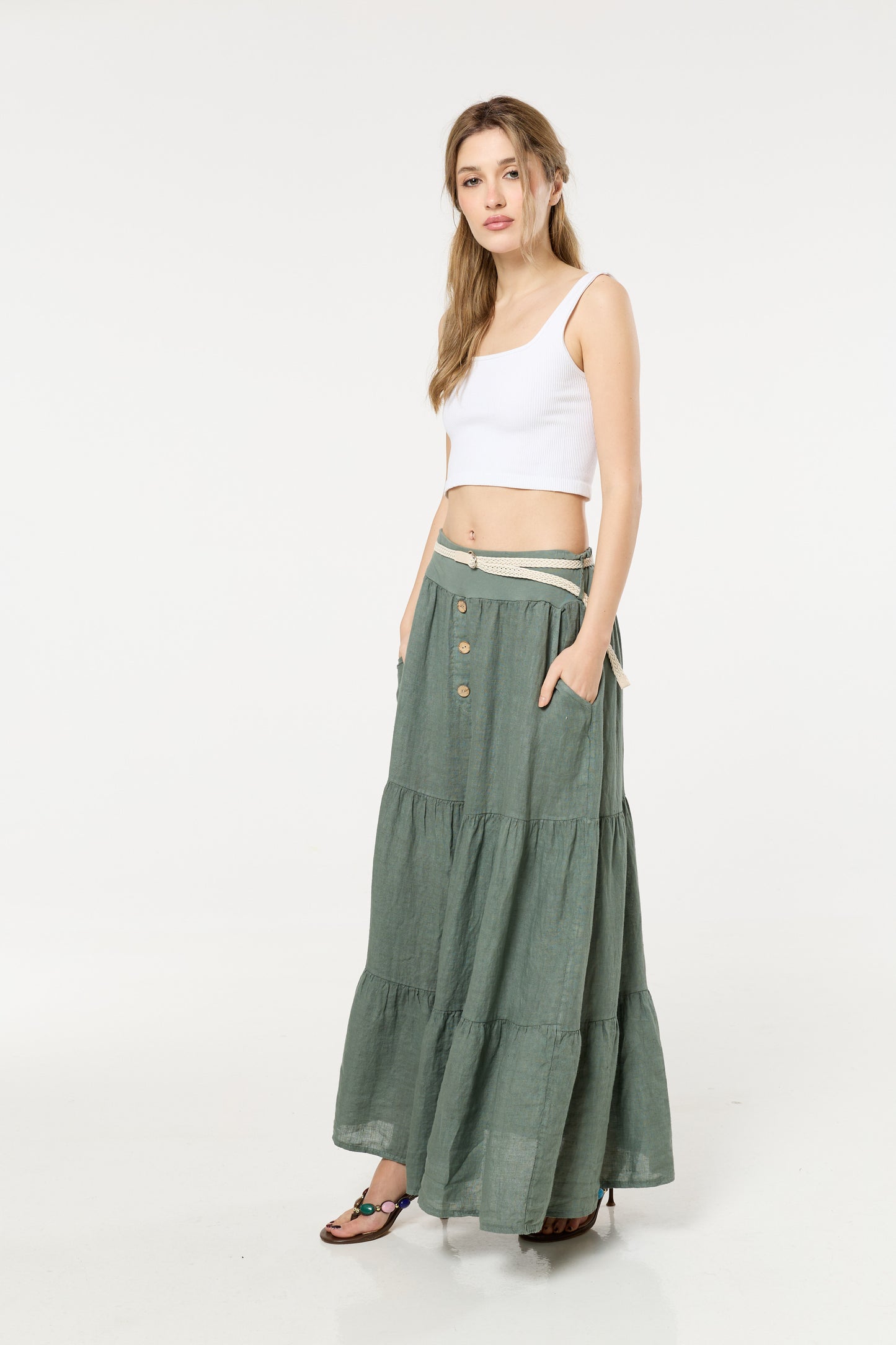 
                  
                    Green Linen Tiered Maxi Skirt With Belt
                  
                