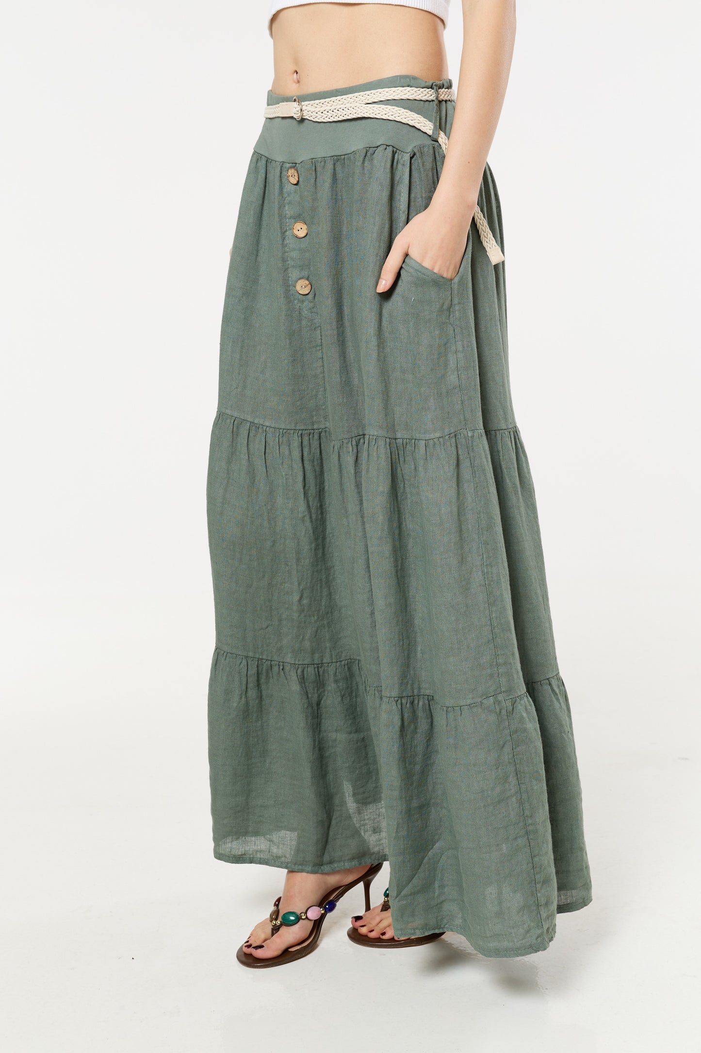 
                  
                    Green Linen Tiered Maxi Skirt With Belt
                  
                