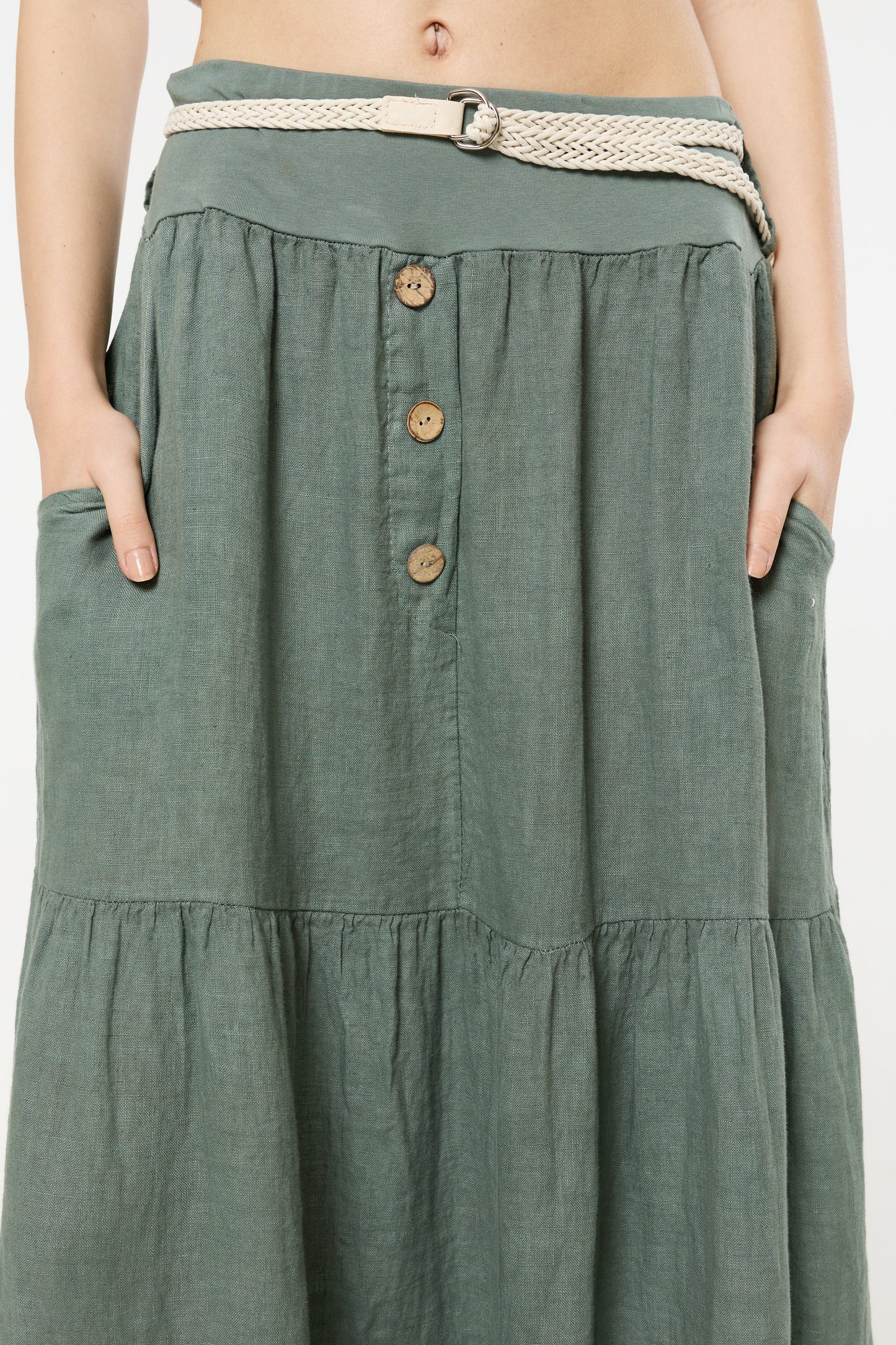 
                  
                    Green Linen Tiered Maxi Skirt With Belt
                  
                