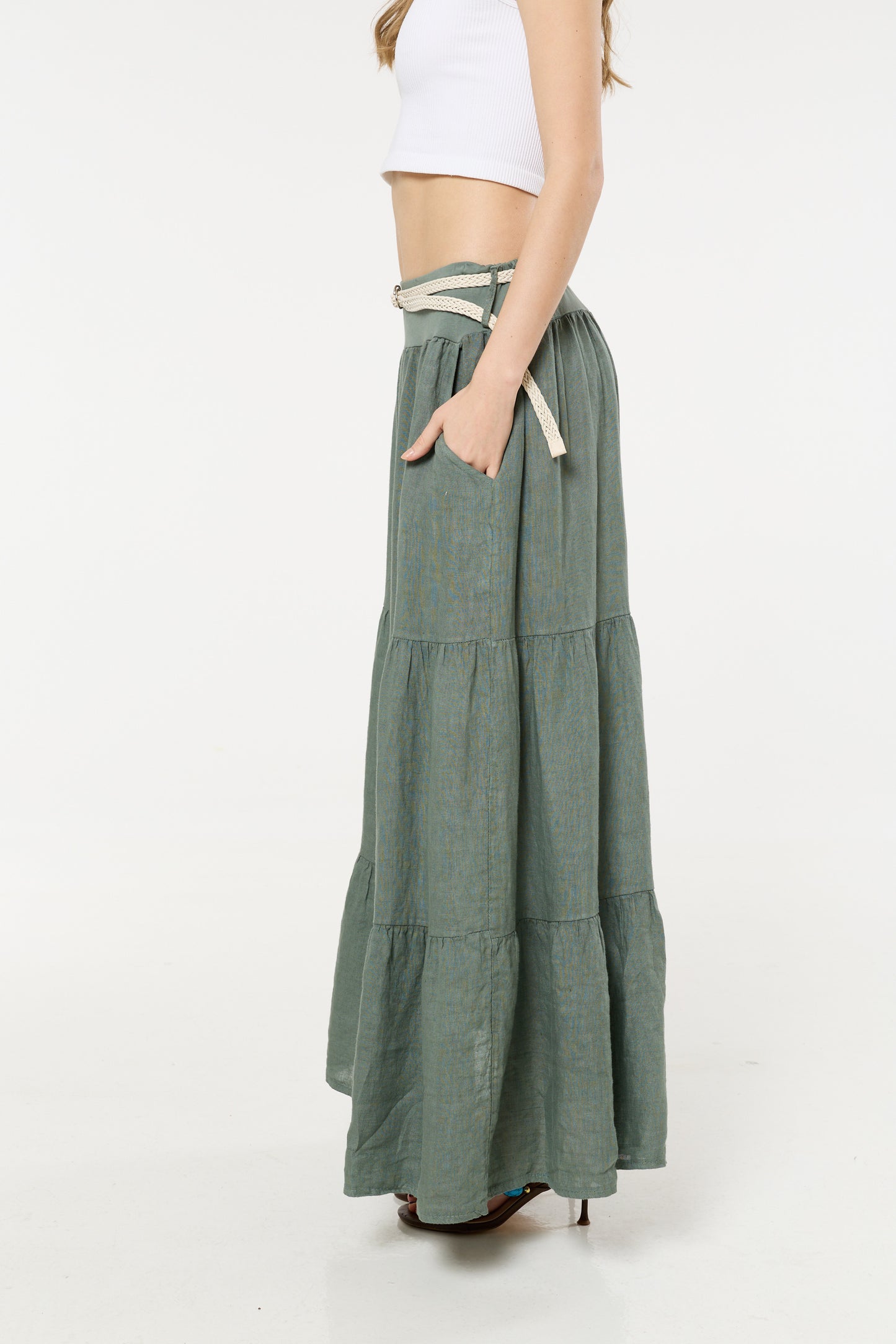 
                  
                    Green Linen Tiered Maxi Skirt With Belt
                  
                