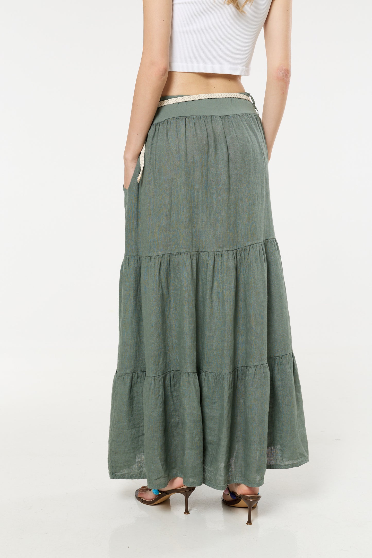 
                  
                    Green Linen Tiered Maxi Skirt With Belt
                  
                