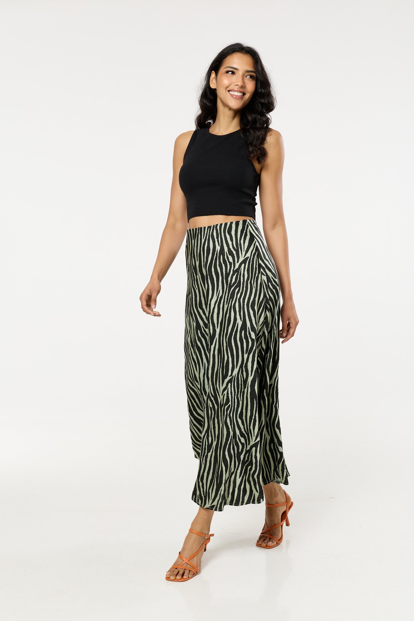 
                  
                    Green Zebra Print Satin Silk Blend Maxi Skirt
                  
                