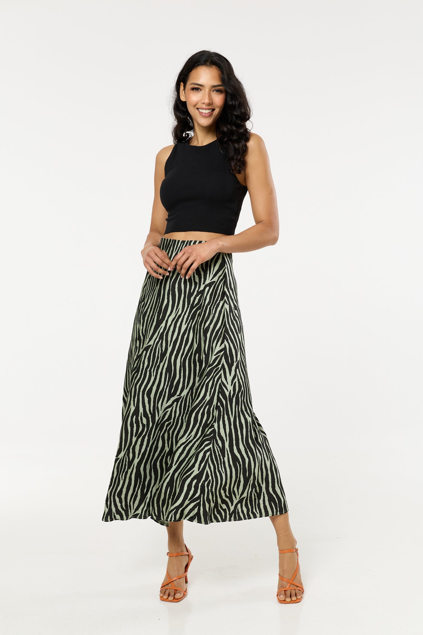 
                  
                    Green Zebra Print Satin Silk Blend Maxi Skirt
                  
                