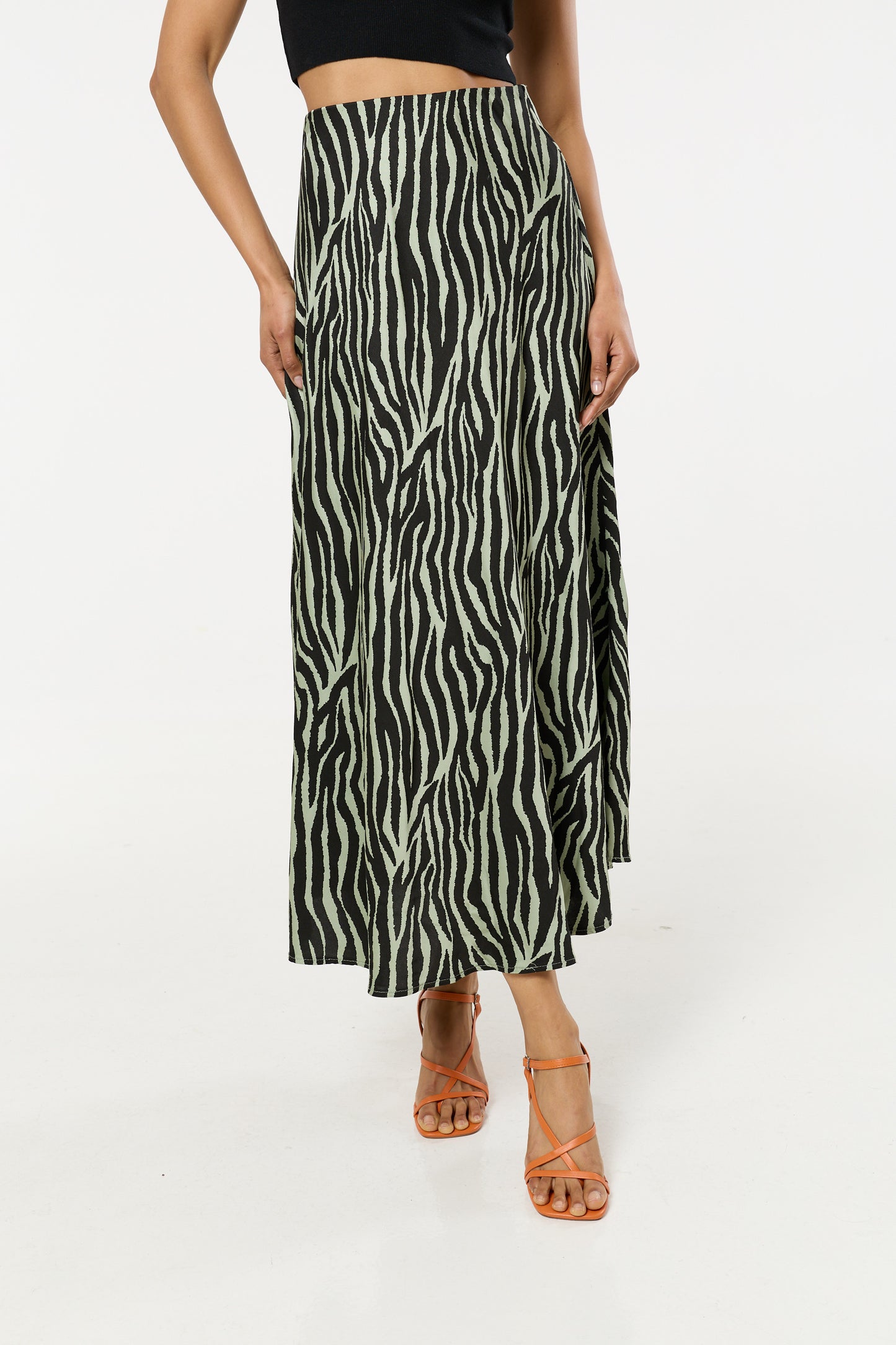 
                  
                    Green Zebra Print Satin Silk Blend Maxi Skirt
                  
                