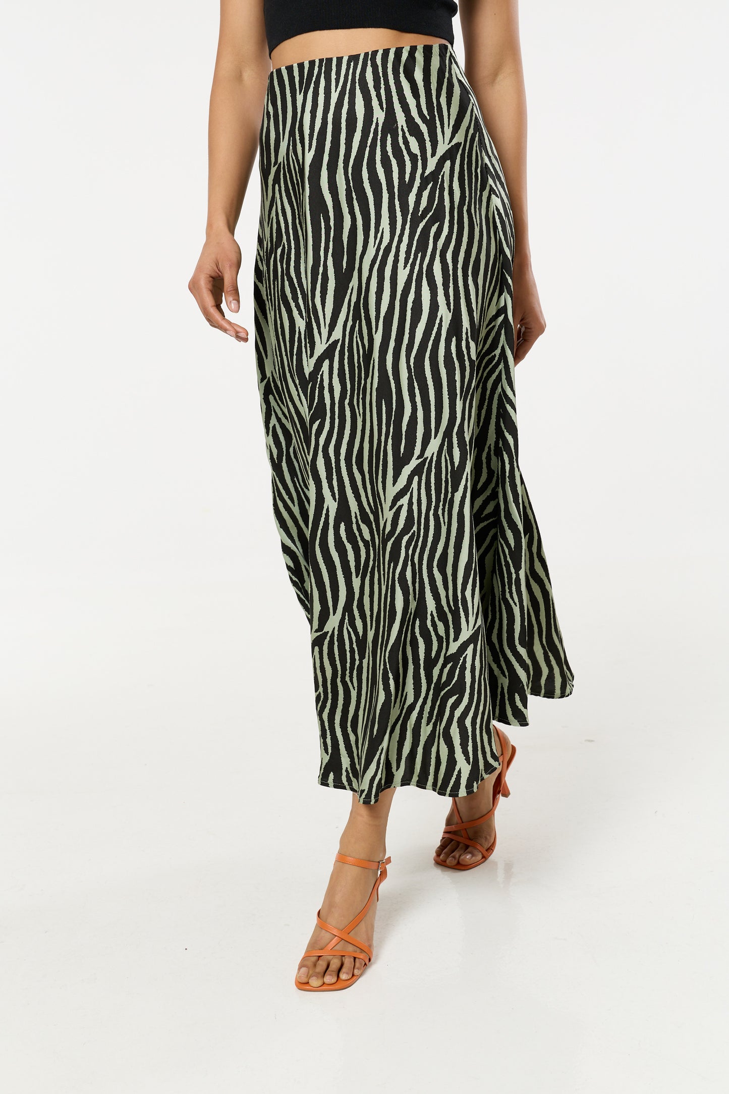 
                  
                    Green Zebra Print Satin Silk Blend Maxi Skirt
                  
                