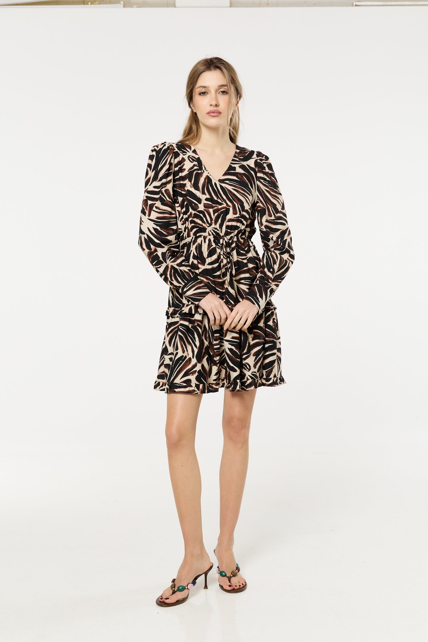 
                  
                    Brown Leaf Print Long Sleeve Mini Dress
                  
                