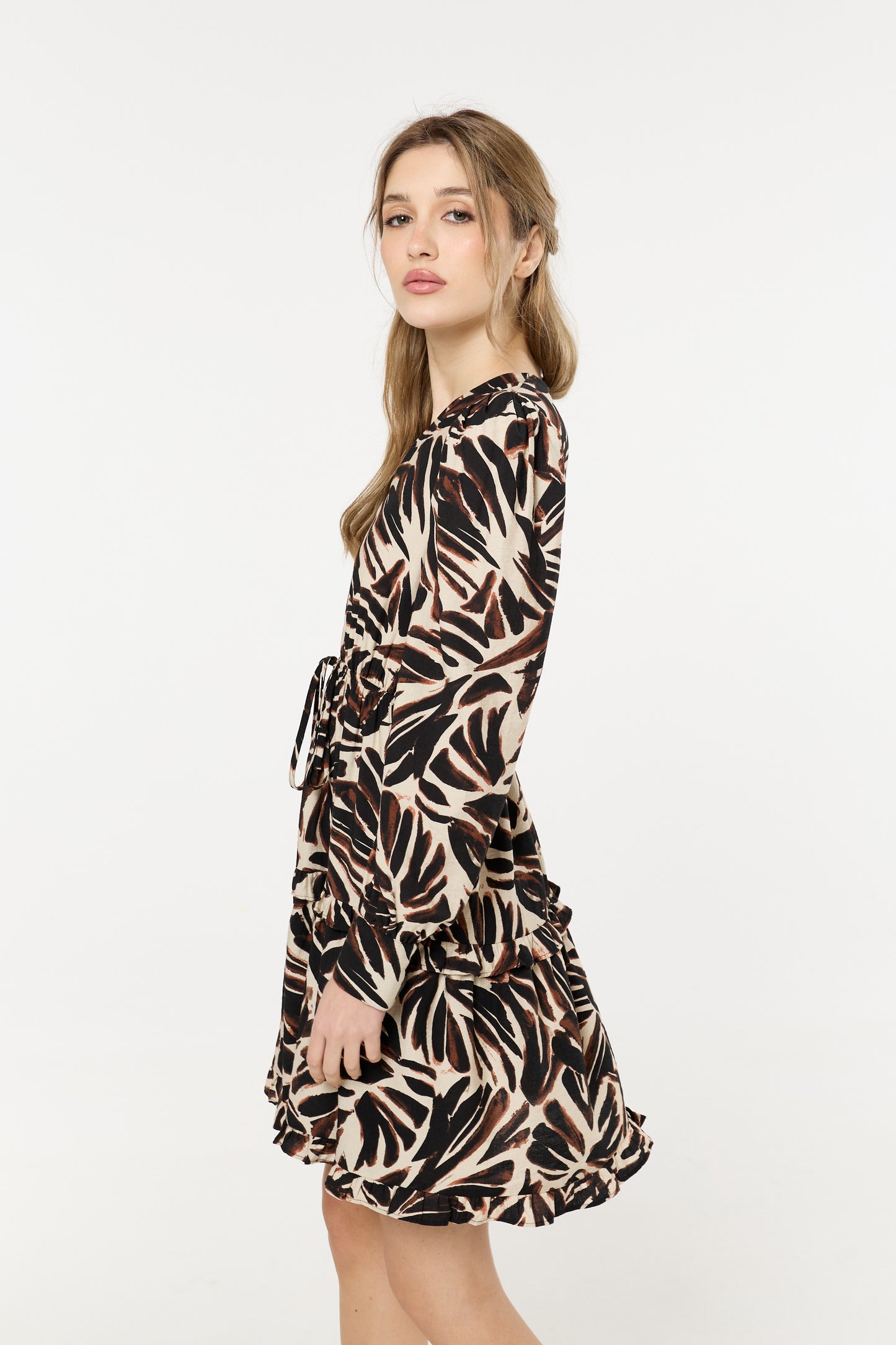 
                  
                    Brown Leaf Print Long Sleeve Mini Dress
                  
                