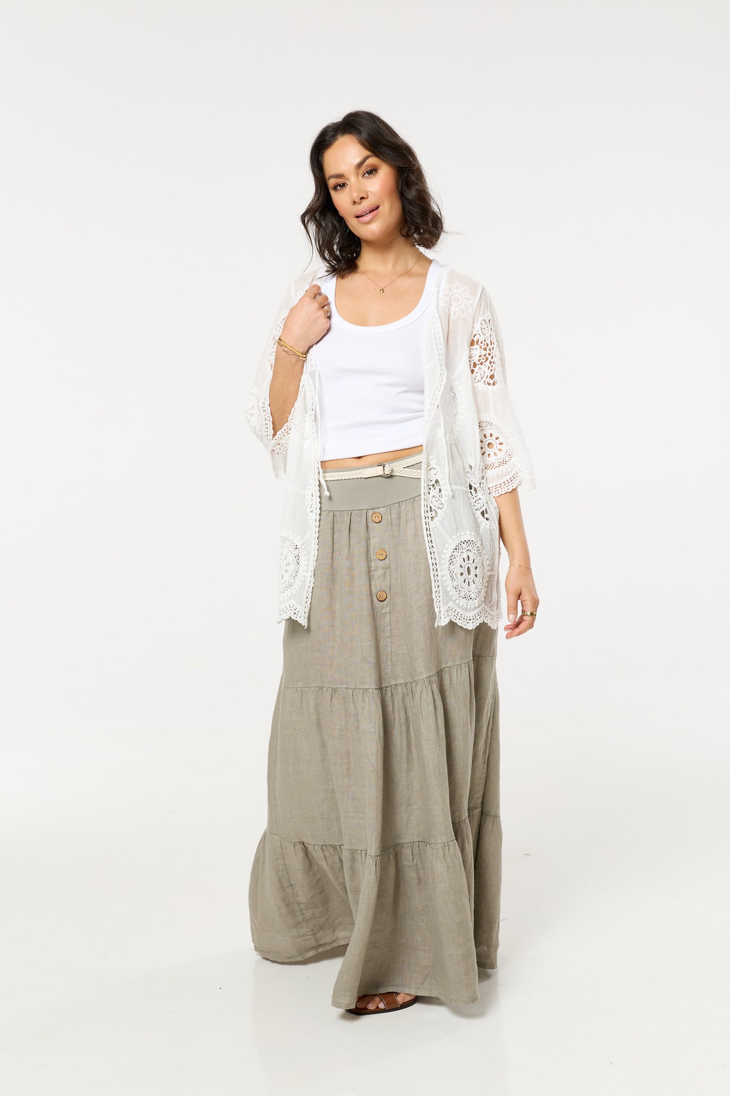 
                  
                    White Lace Crochet Tie Front Kimono
                  
                