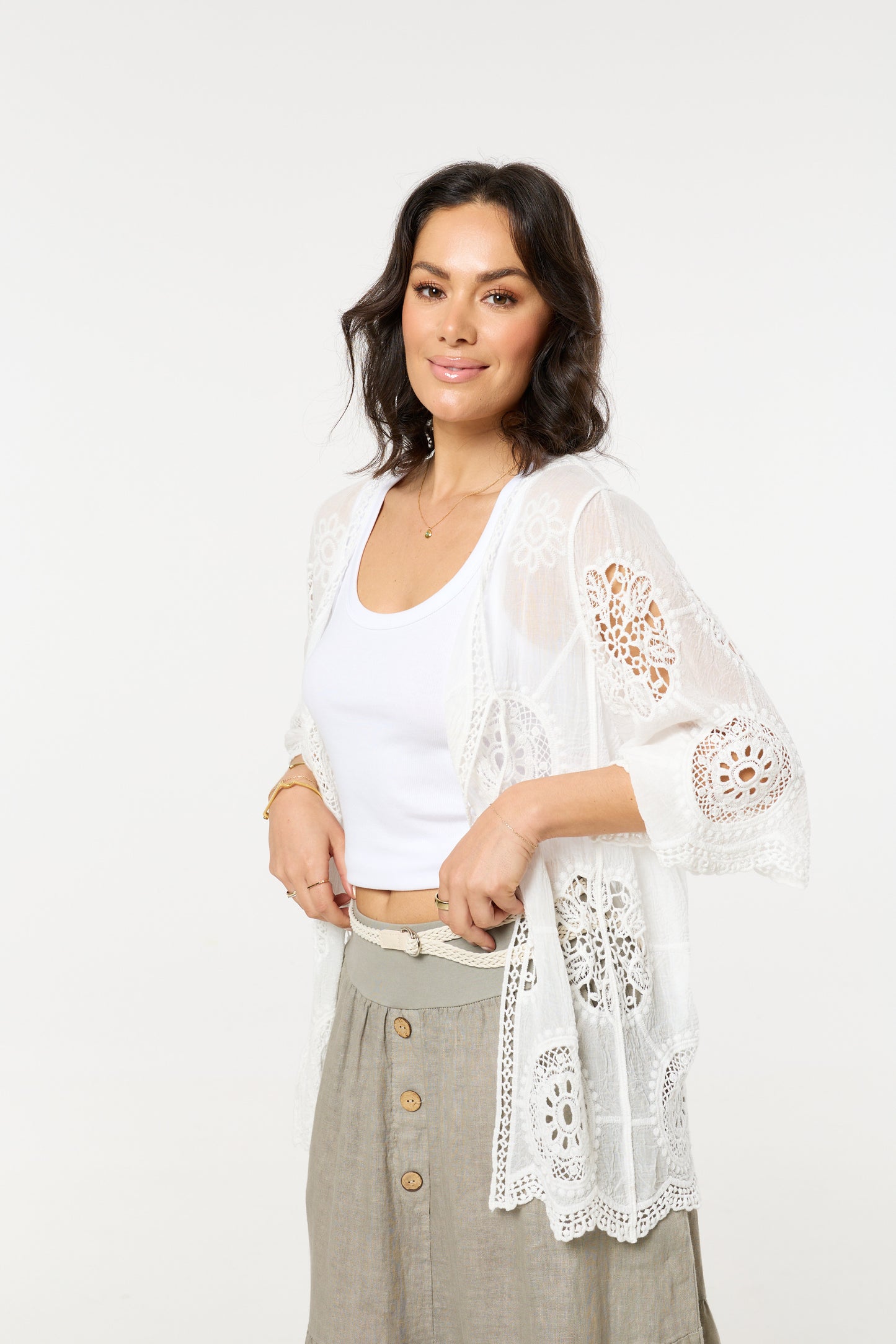 
                  
                    White Lace Crochet Tie Front Kimono
                  
                