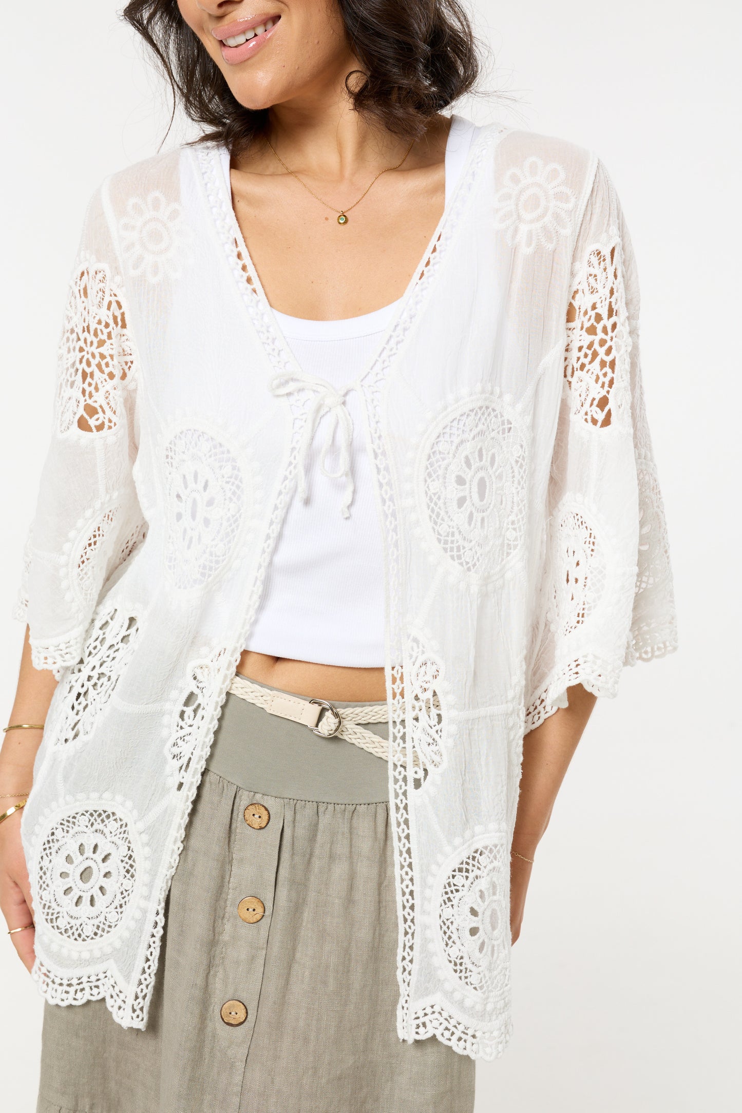
                  
                    White Lace Crochet Tie Front Kimono
                  
                