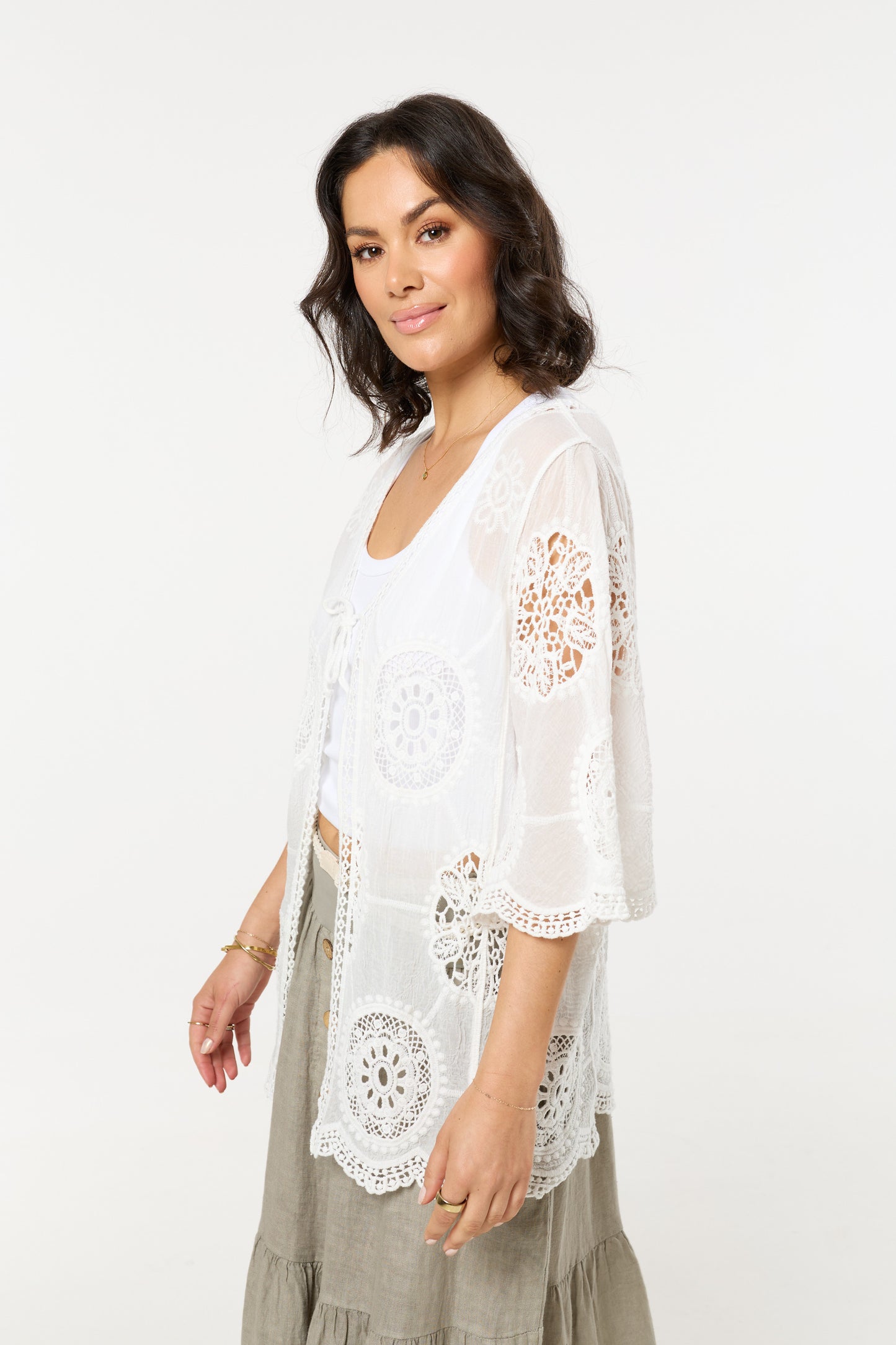 
                  
                    White Lace Crochet Tie Front Kimono
                  
                