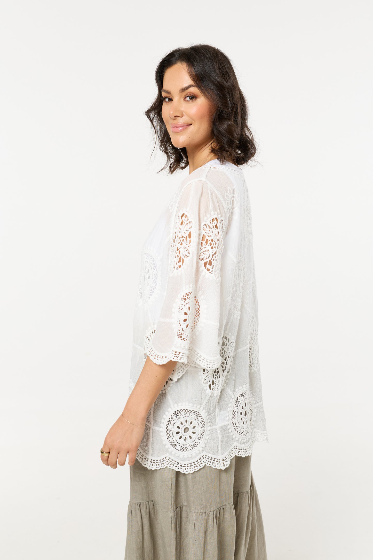 
                  
                    White Lace Crochet Tie Front Kimono
                  
                