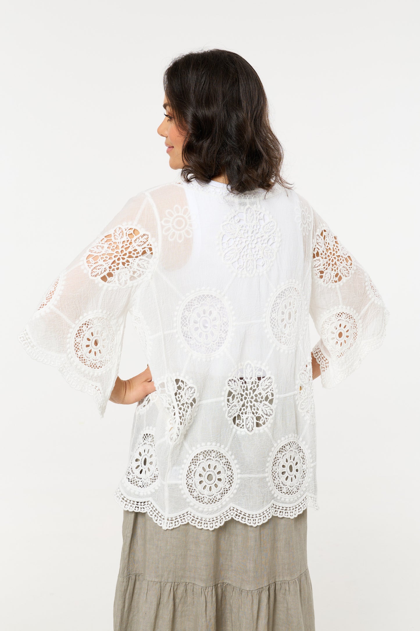 
                  
                    White Lace Crochet Tie Front Kimono
                  
                