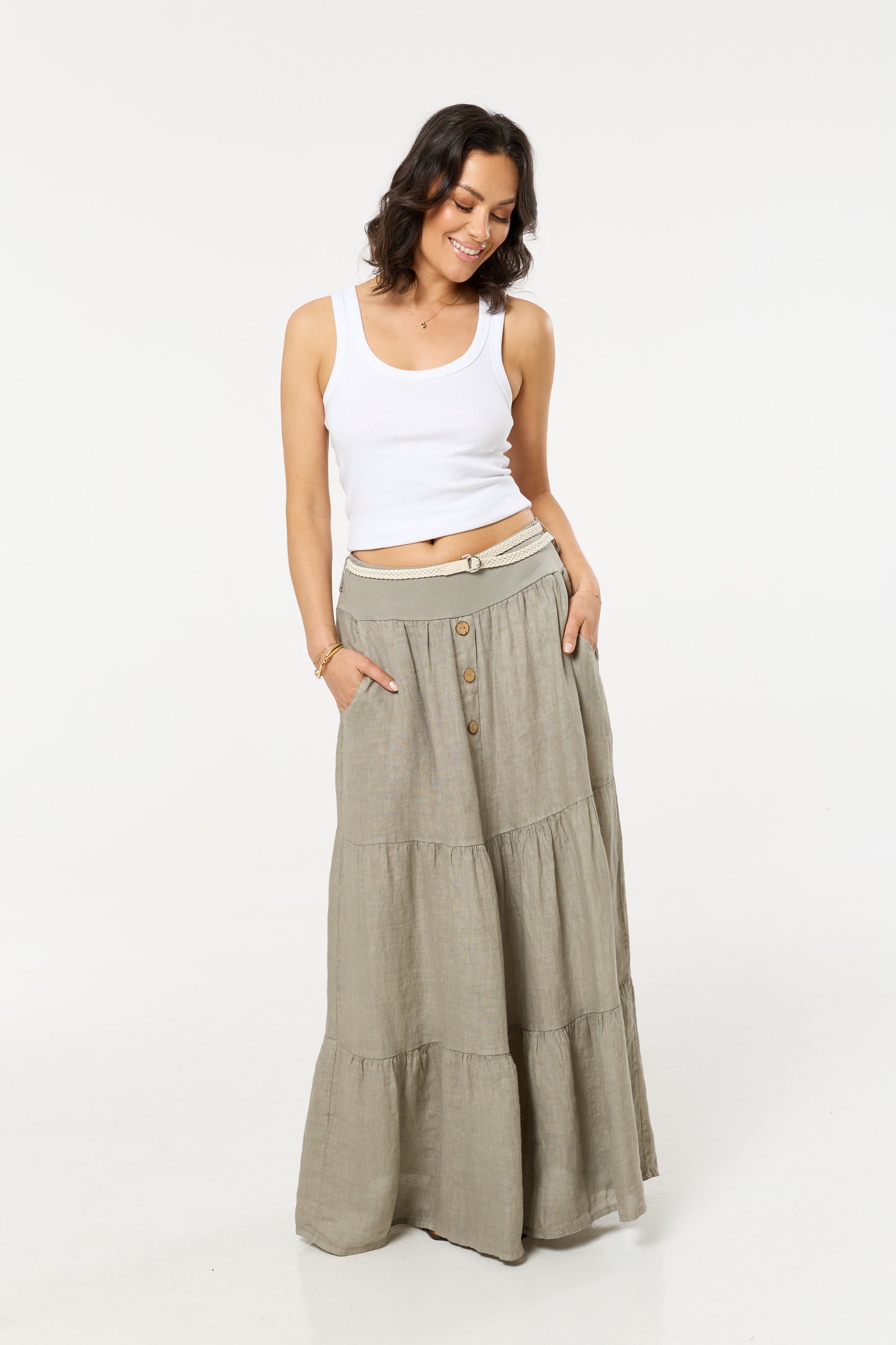 
                  
                    Taupe Linen Tiered Maxi Skirt With Belt
                  
                