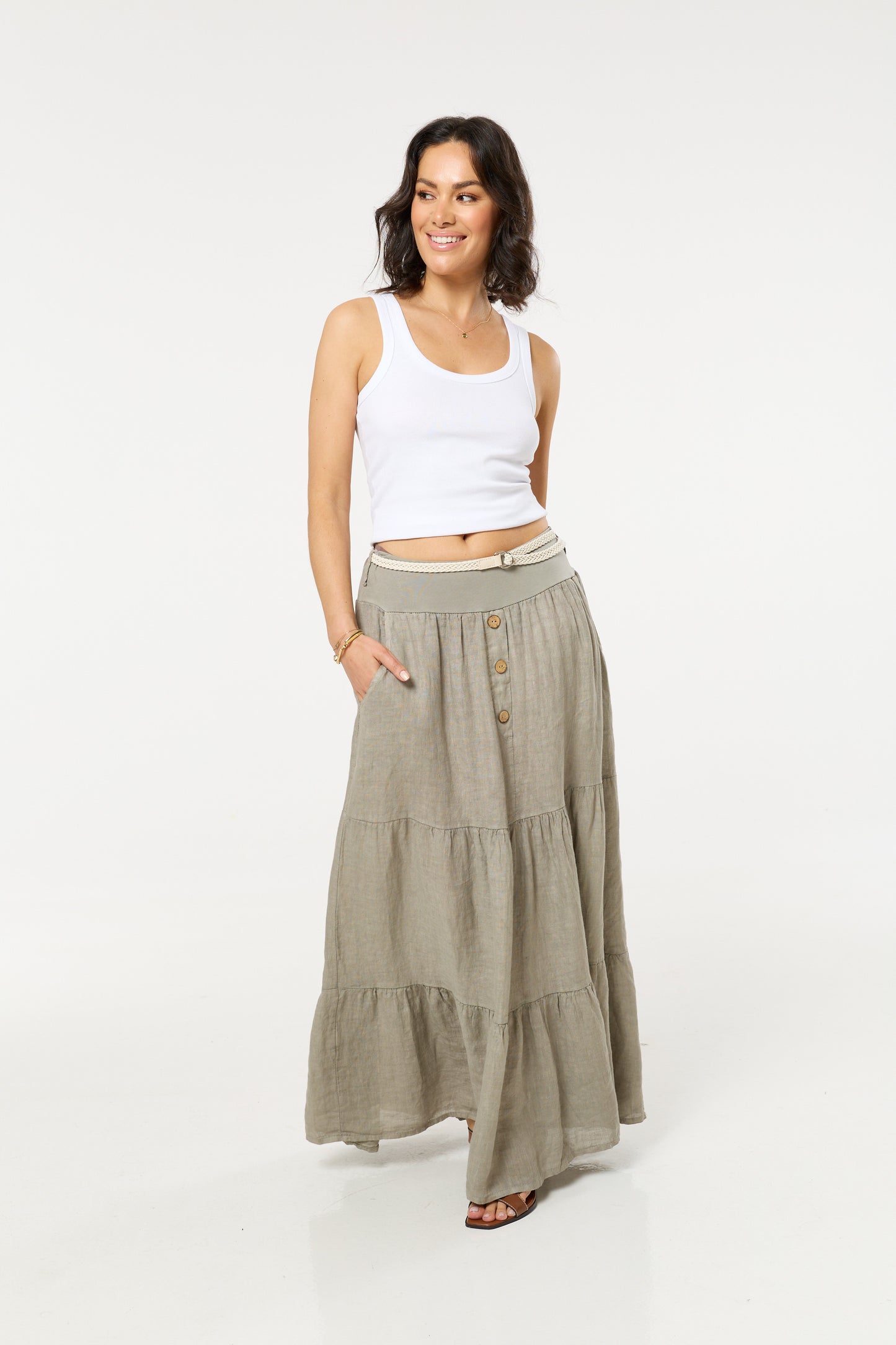 
                  
                    Taupe Linen Tiered Maxi Skirt With Belt
                  
                